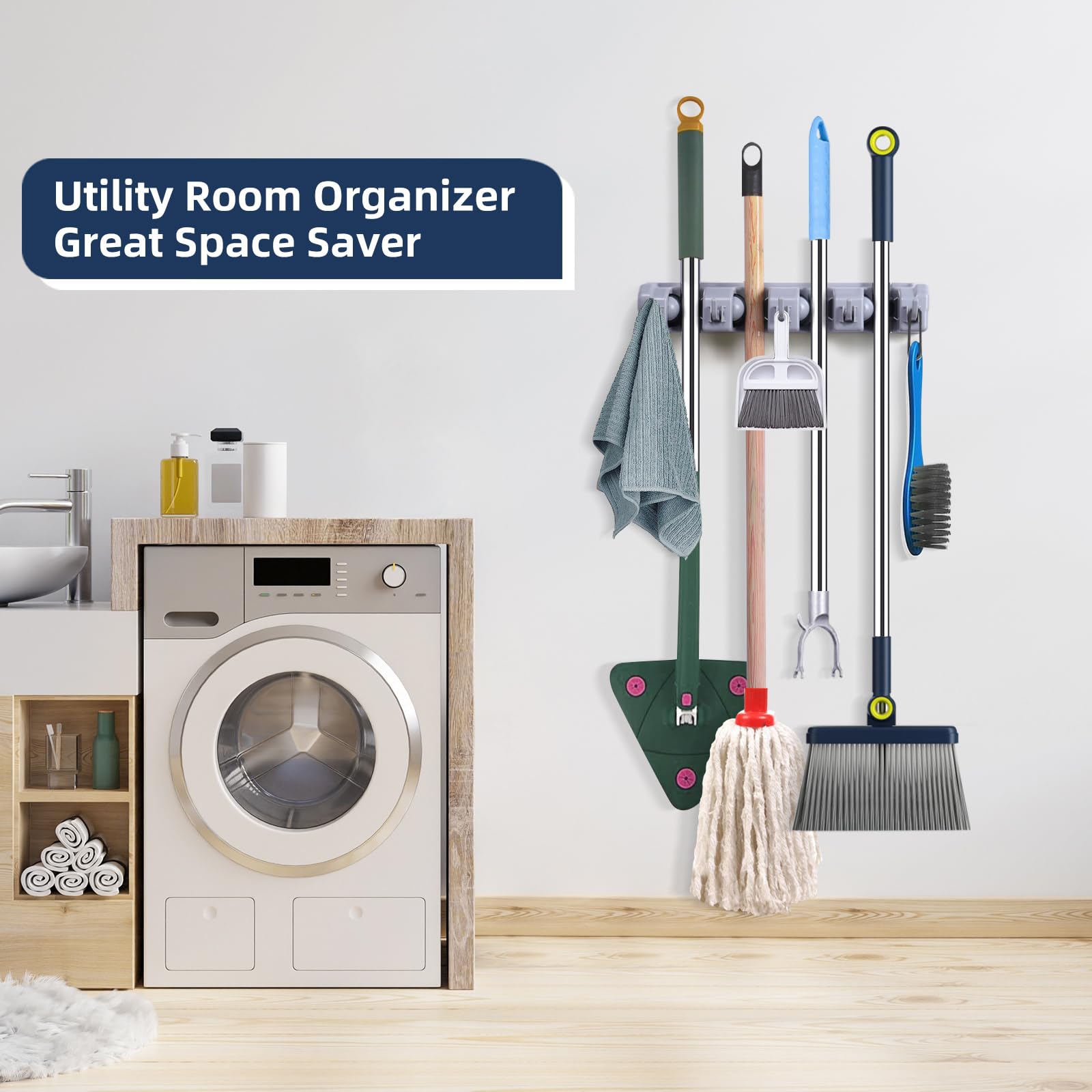 Mop And Broom Holder Wall Mount Cleaning Supplies Organizer For Closet