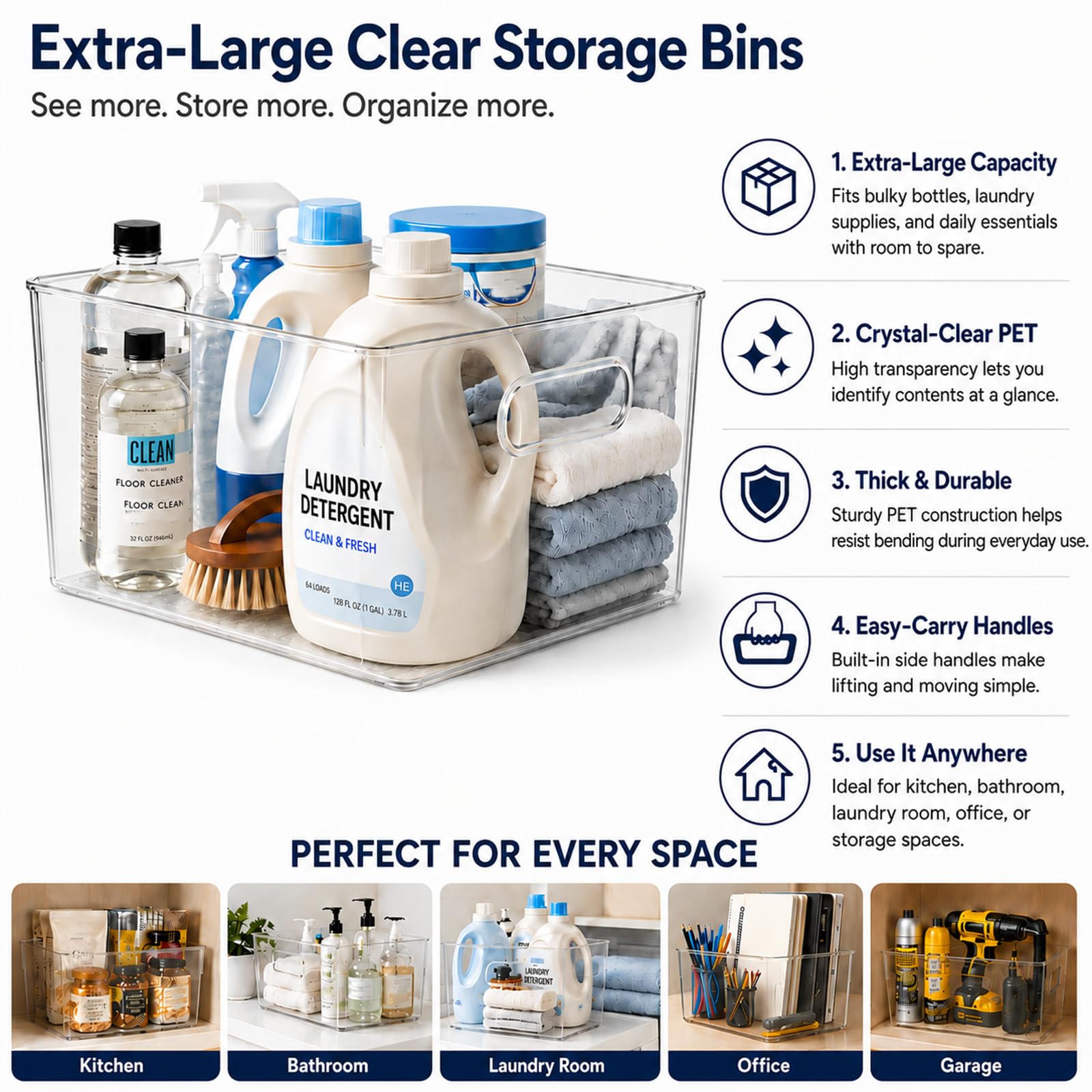 8 Pack XL Clear Storage Containers 13x10x8in Plastic Organizers (8 Count)