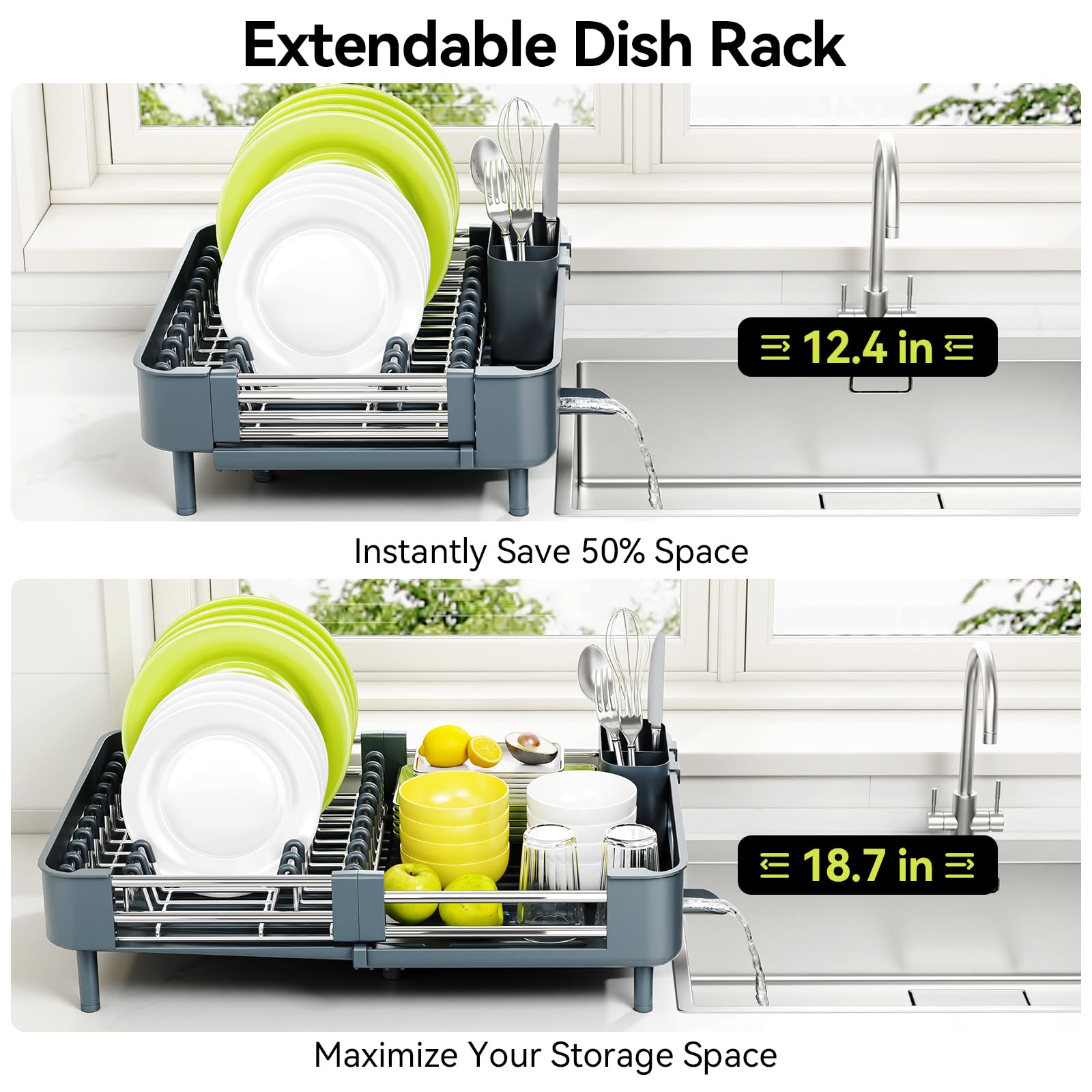 Extendable Stainless Dish Drying Rack for Kitchen Counter