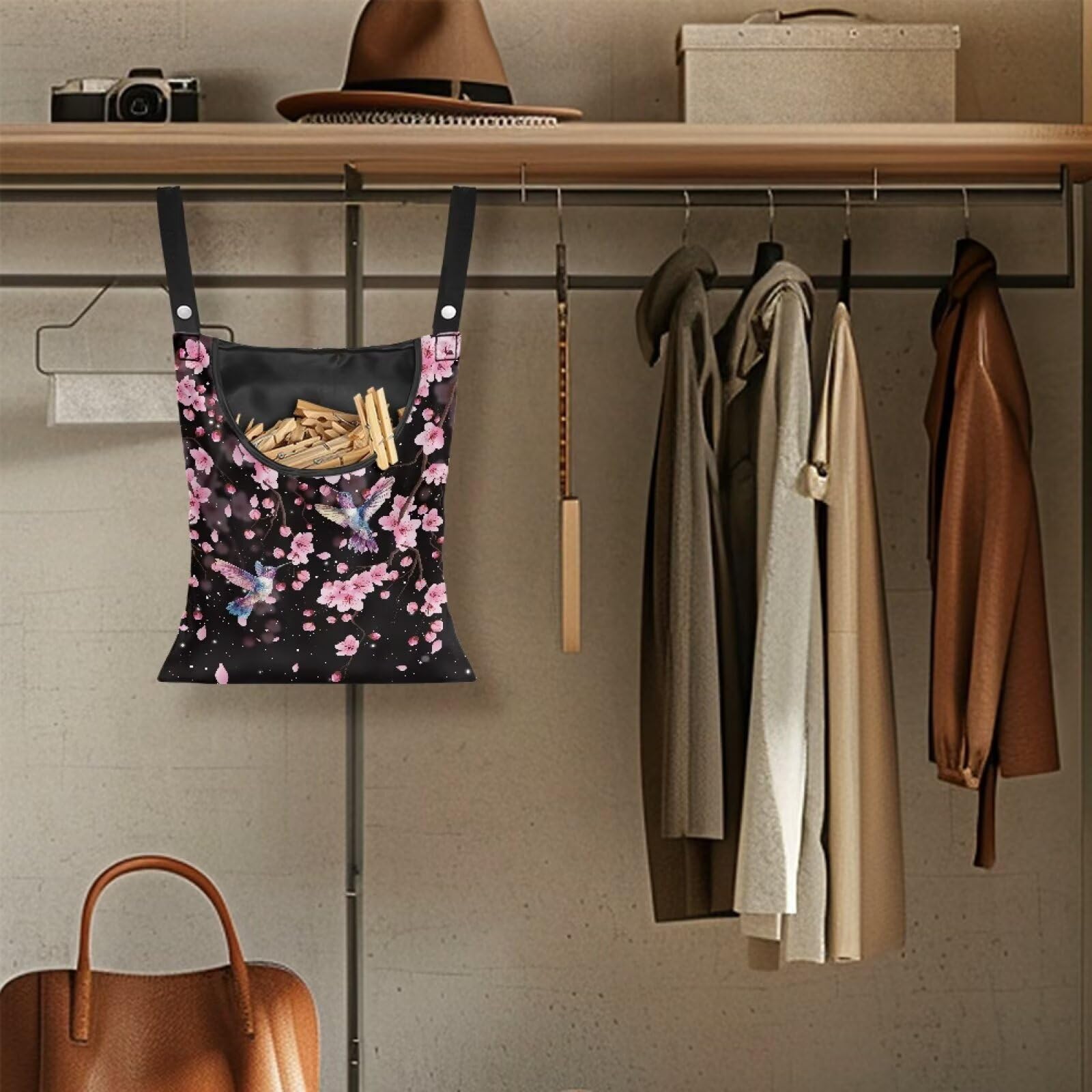 Waterproof Clothespin Bag with Hanger Hook Cherry Blossom Hummingbird