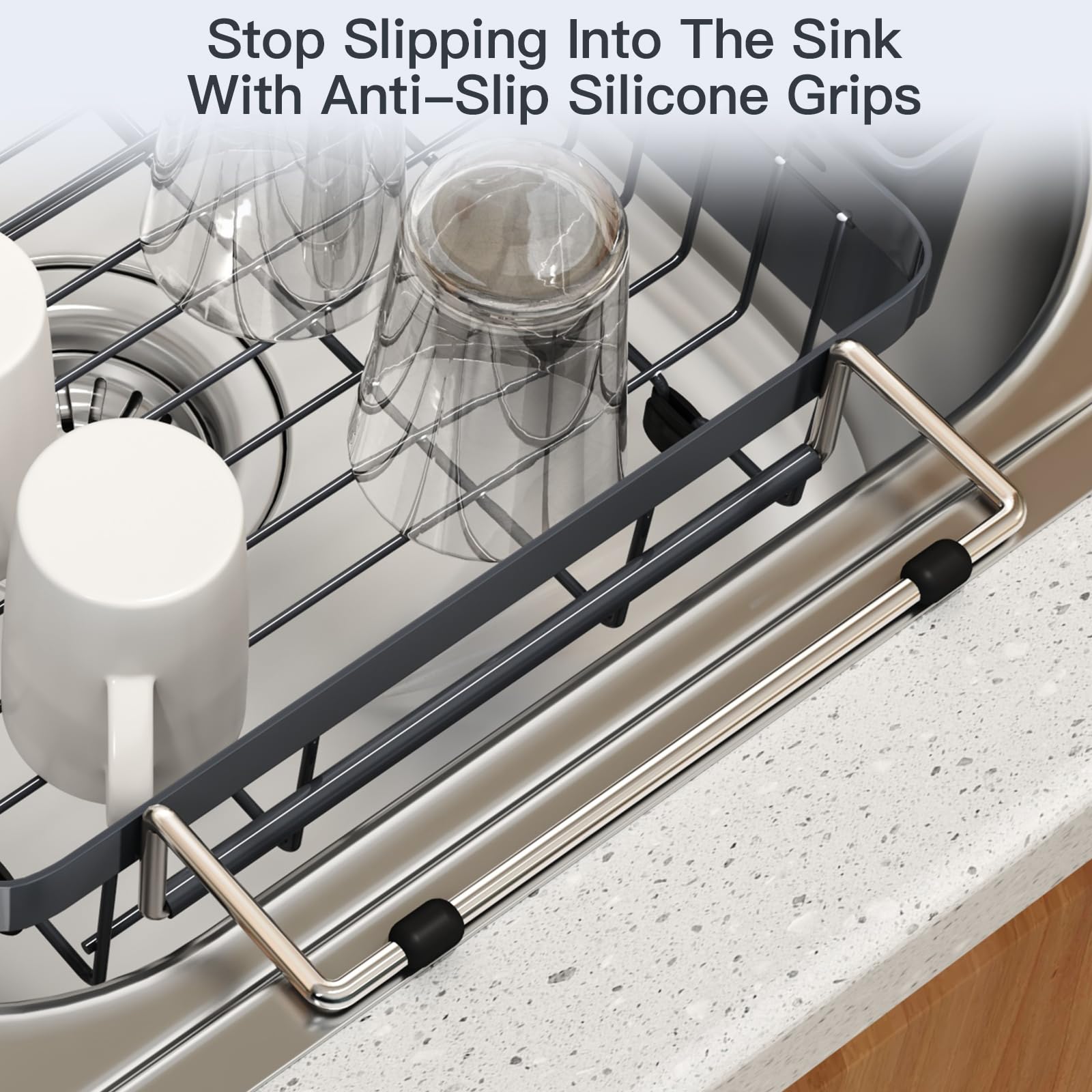 Grey Dish Drying Rack Over The Sink with Utensil Holder