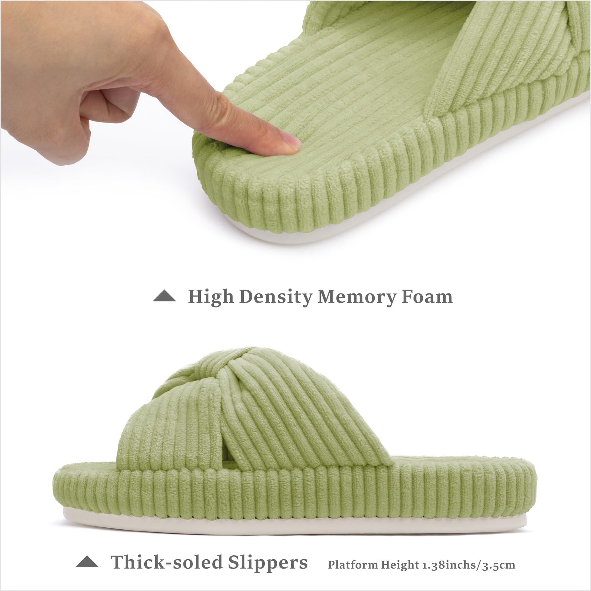 Slippers for Women Memory Foam House Bedroom Corduroy Bow Crossbands Slipper Shoes Comfy Trendy Gift Slippers Avocado Green Size 7 8 6.5
