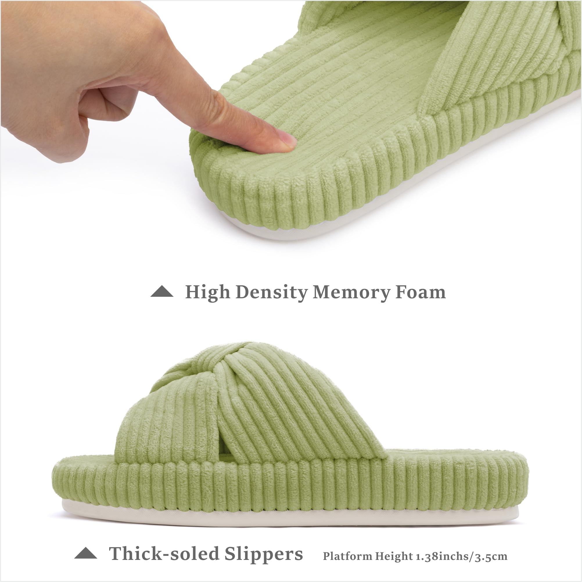 Slippers for Women Memory Foam House Bedroom Corduroy Bow Crossbands Slipper Shoes Comfy Trendy Gift Slippers Avocado Green Size 5 6 5.5