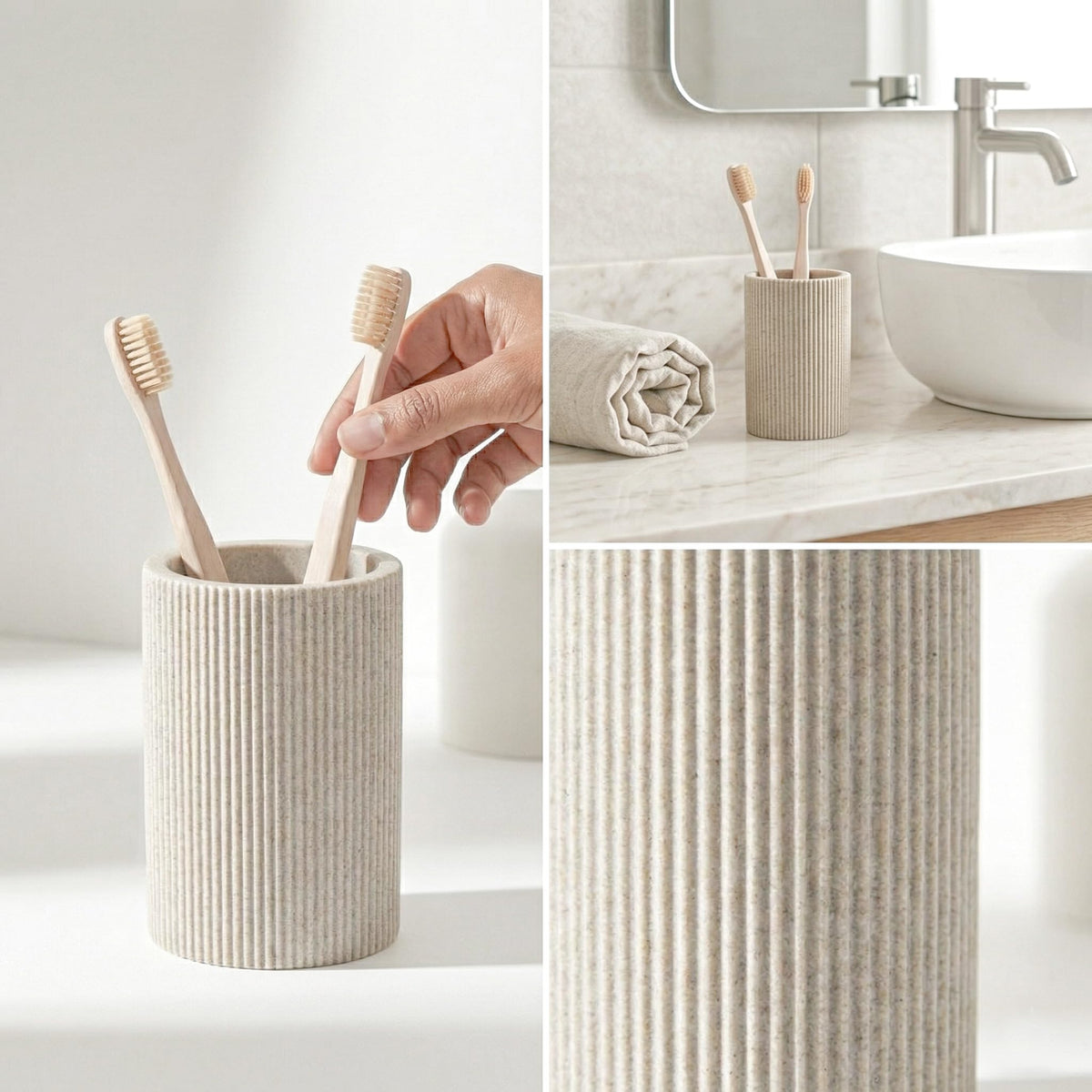 Small Sand Beige Toothbrush Holder for Bathroom Countertop