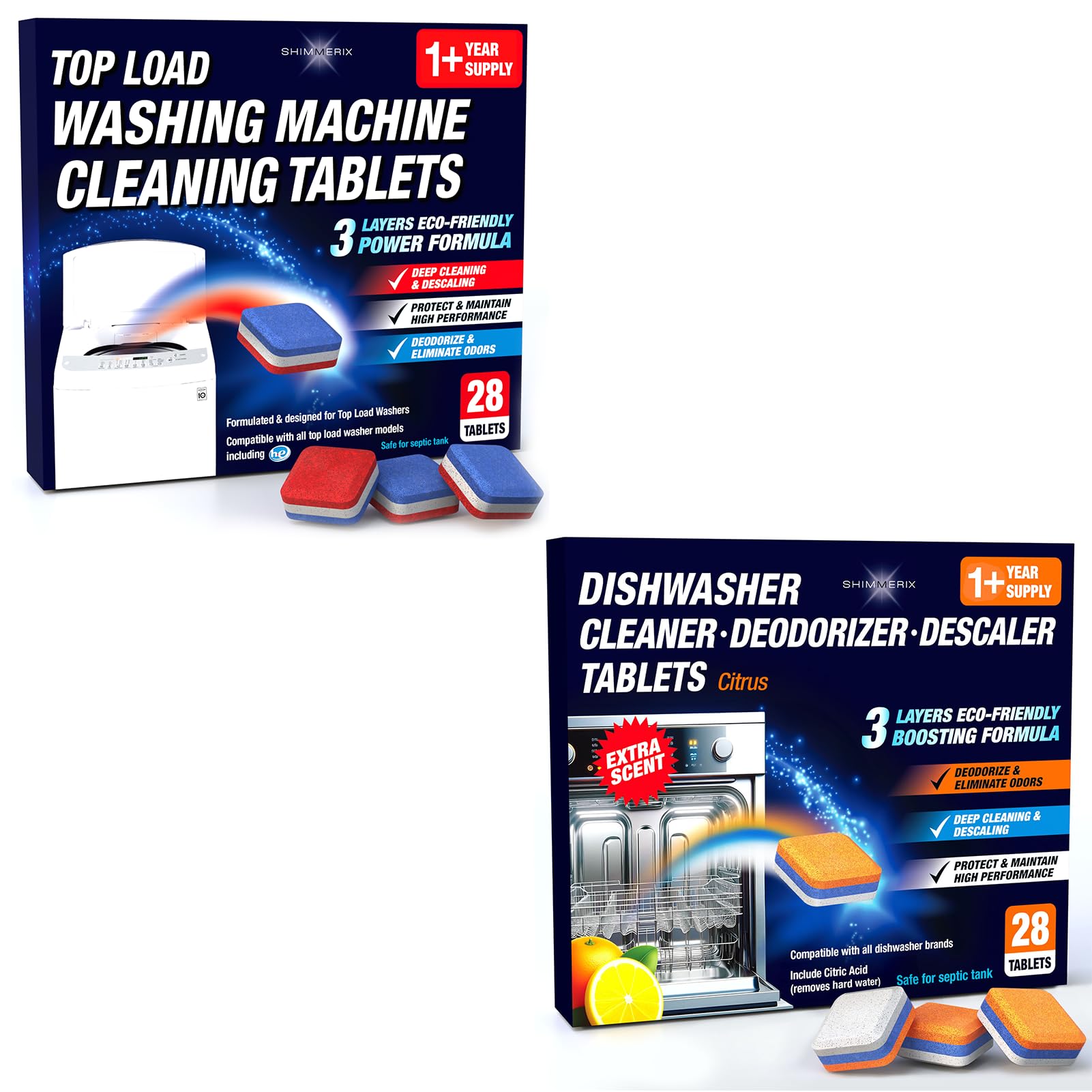 Washing Machine Cleaner 28 Pack & Dishwasher Cleaner Tablets 28 Pack Bundle (56 Count)
