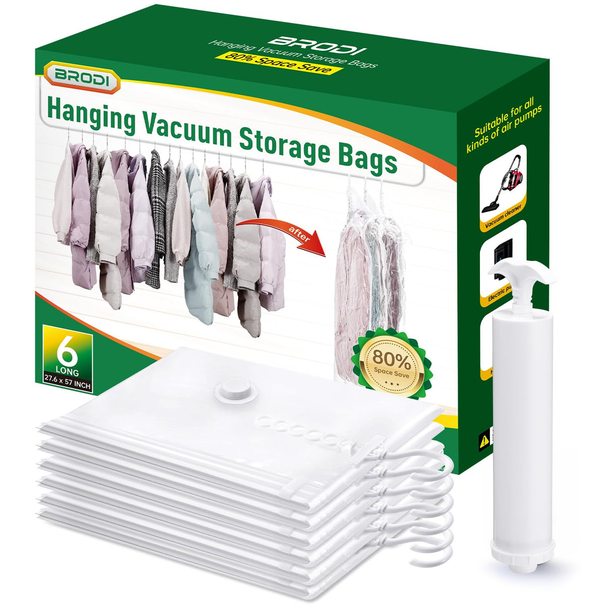 Hanging Vacuum Storage Bags For Clothes With Hand Pump (6 Count)