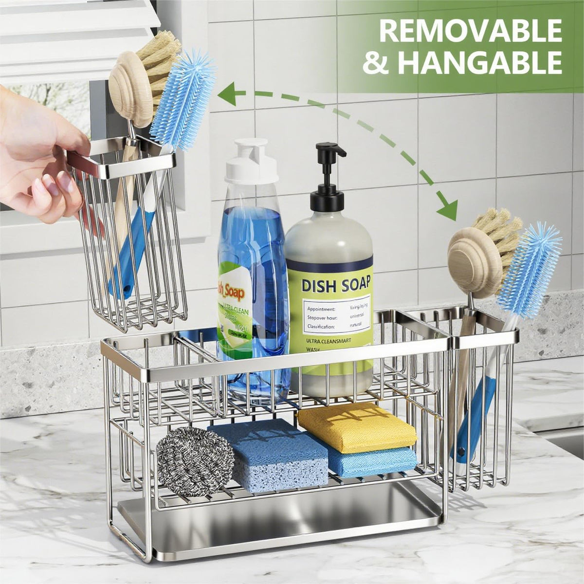 Silver 2 Tier Kitchen Sink Caddy Organzier Rack with Flexible Dish Brush Holder