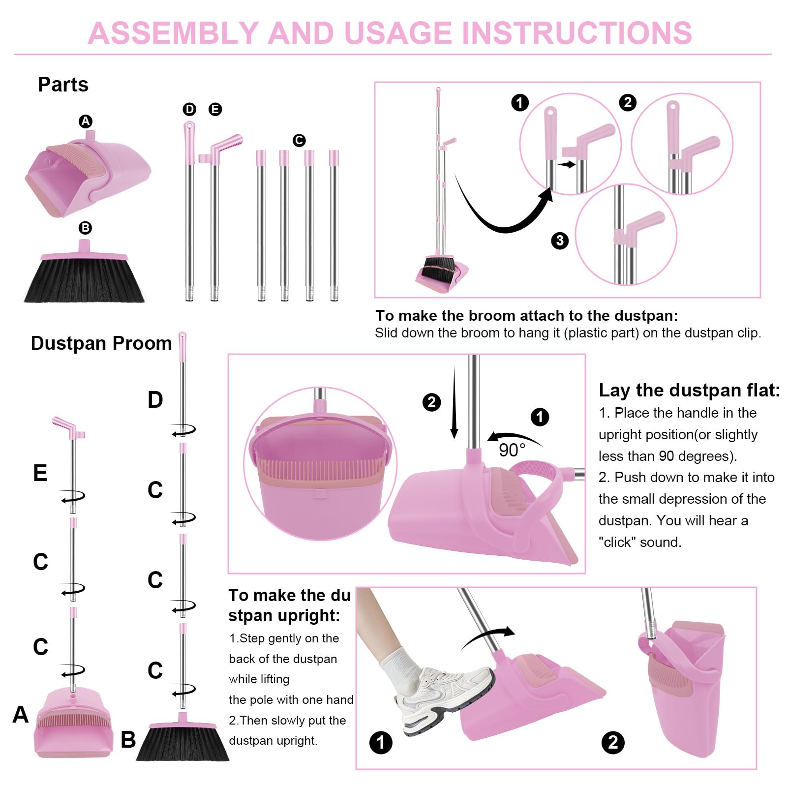 Pink Broom and Dustpan Combo Set