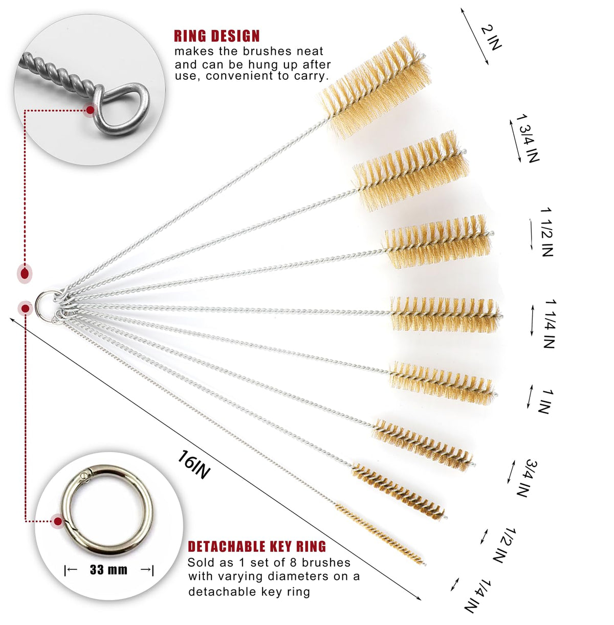 16 Inch Extra Long Pipe Cleaning Brush Set with Brass Bristles