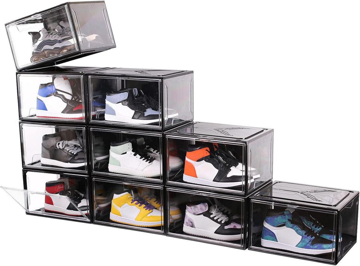 Shoe Boxes Black Plastic Stackable 10 Pack Sneaker Storage Boxes with Magnetic Door (10 Count)