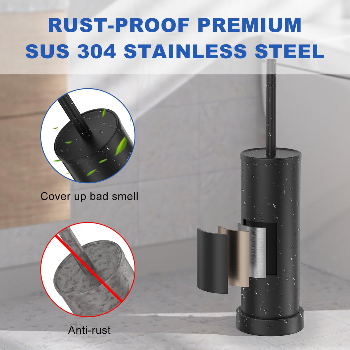 2 PCS Black 304 Stainless Steel Toilet Brush and Holder Set (2 Count)