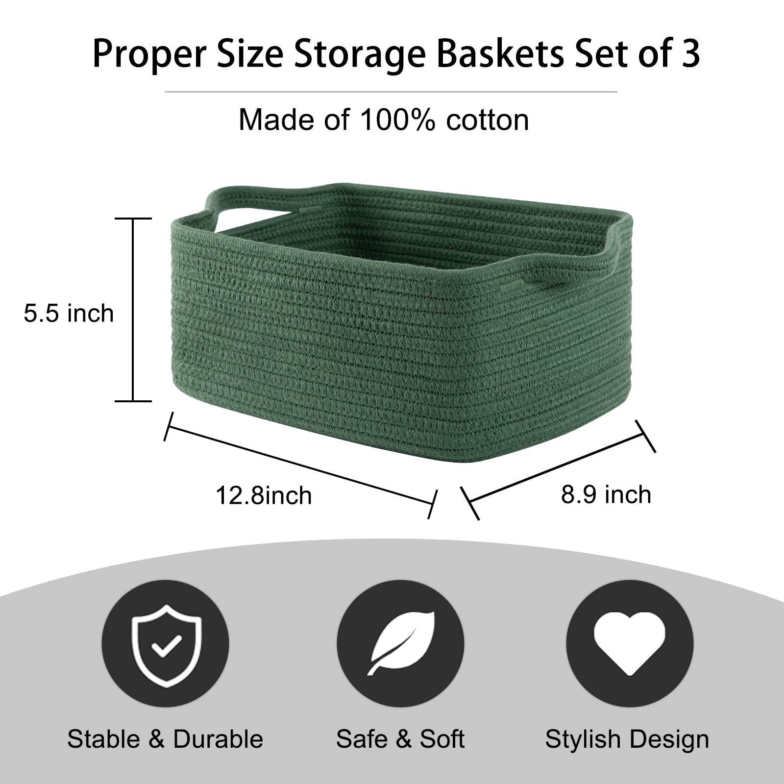 3 Pack Storage Baskets for Shelves Cotton Rope Storage Bins Green (3 Count)