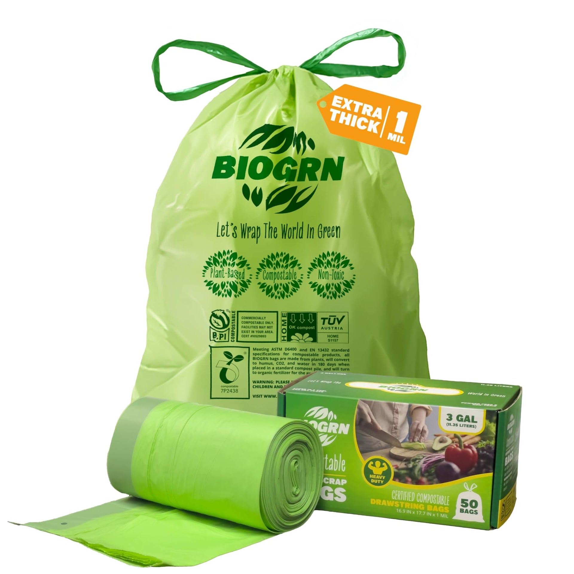 2.6 3 Gallon Compostable Trash Bags Drawstring 50 Bags Extra Thick 1 Mil 11.36 Liter Small Biodegradable Trash Bags for Kitchen Countertop Bin ASTM D6400 (50 Count)