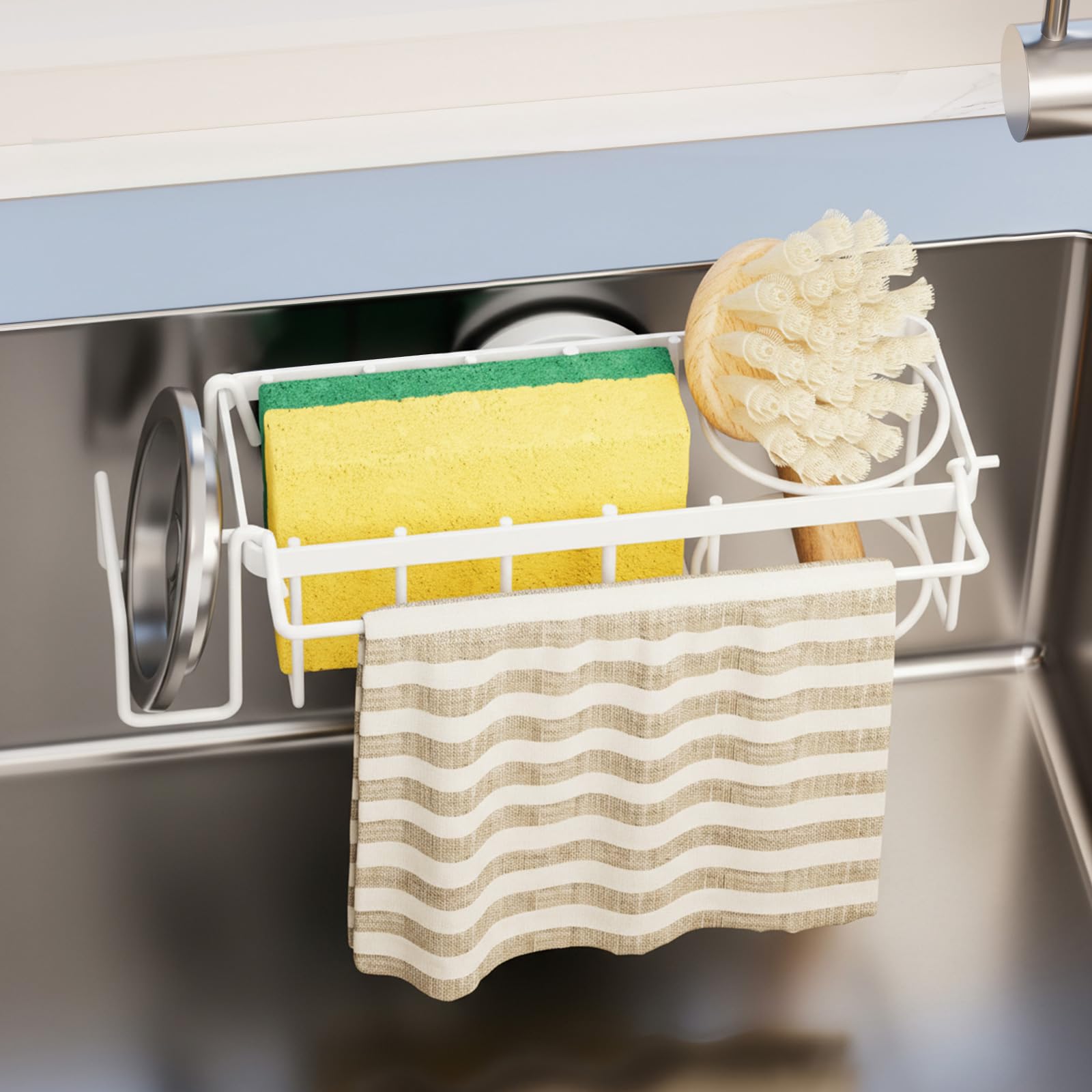 4-in-1 Sink Sponge Holder for Kitchen with Strong Suction Cup-White