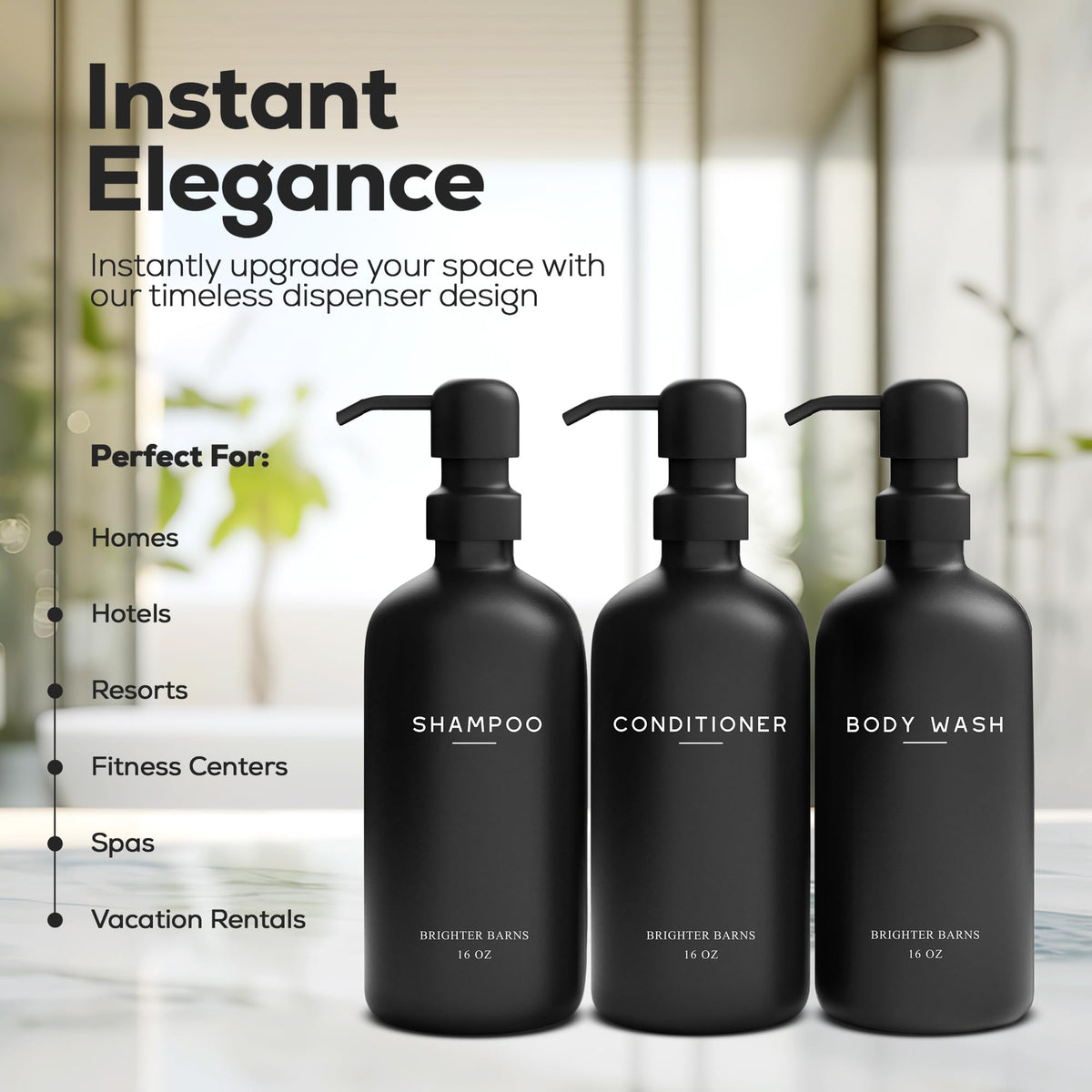 Black Shampoo and Conditioner Dispenser Set by Brighter Barns (3 Count)