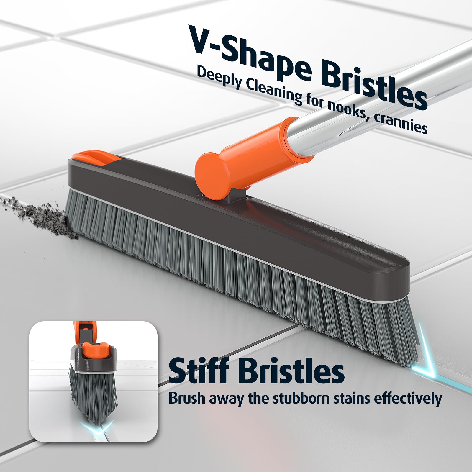 Heavy Duty Grout Scrub Brush with Long Handle & Hair Clip