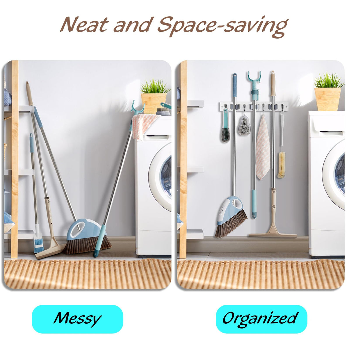 2 Pack White Mop Broom Holder Wall Mount with 3 Slots & 4 Hooks (2 Count)