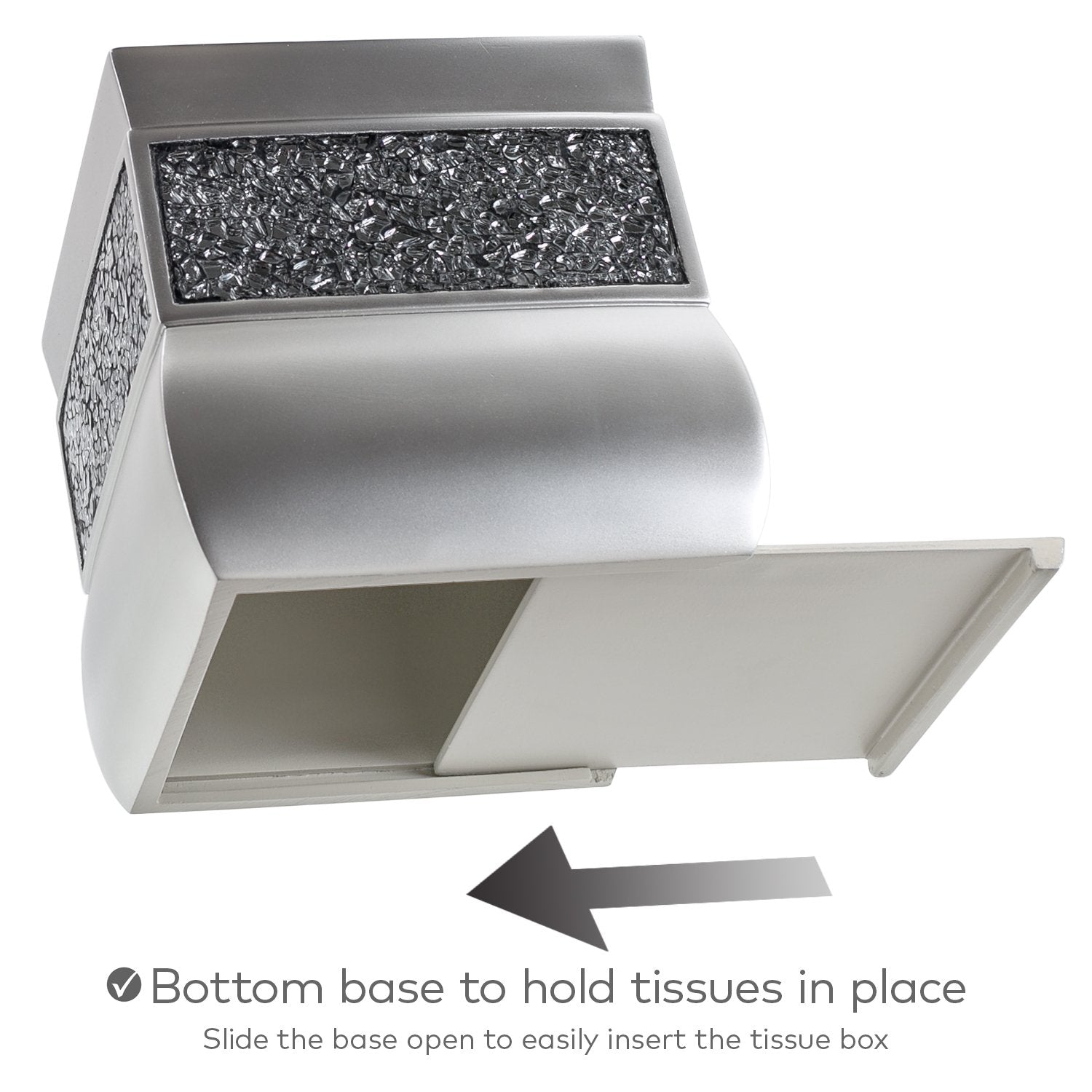 Crackled Glass Silver Square Resin Tissue Box Cover with Bottom Slider