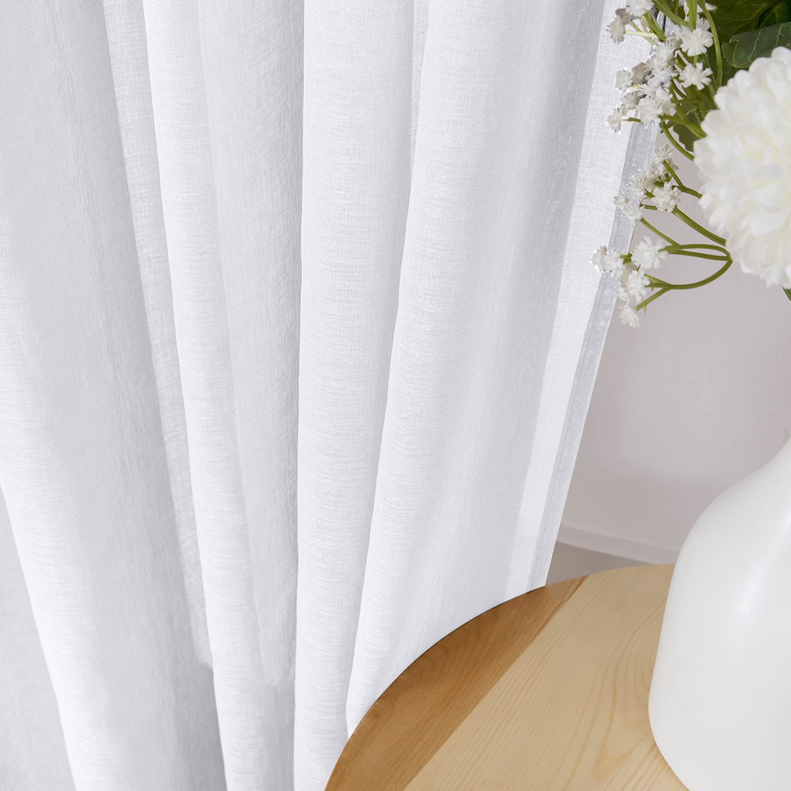 Short Sheer Curtains Linen Textured Bedroom Curtain Sheers Light Filtering Rod Pocket Voile Curtains for Living Room