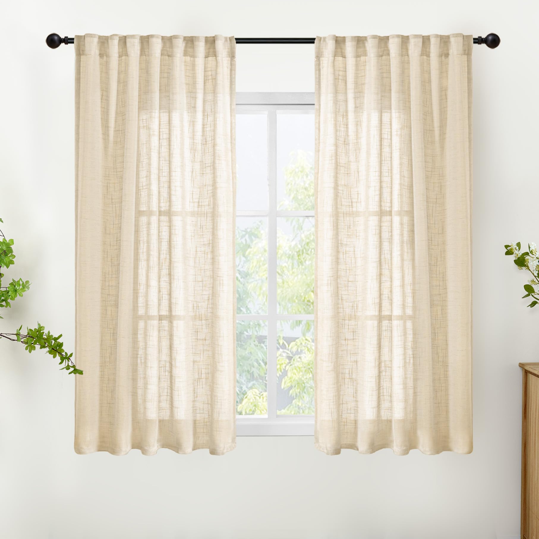 Burlap Natural Linen Curtains 45 Inch Length (2 Count)