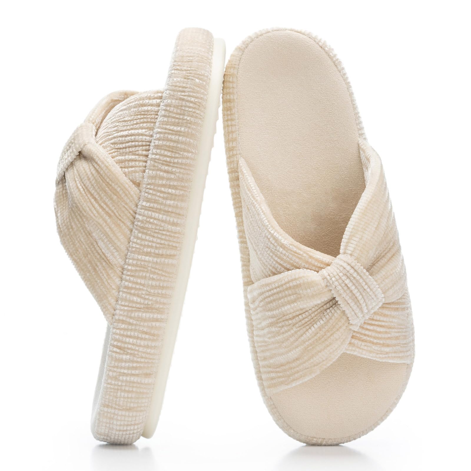 Slippers for Women Memory Foam House Bedroom Bow Crossbands Pearlescent Slipper Shoes Comfy Trendy Gift Slippers Beige Size 7 8 6.5