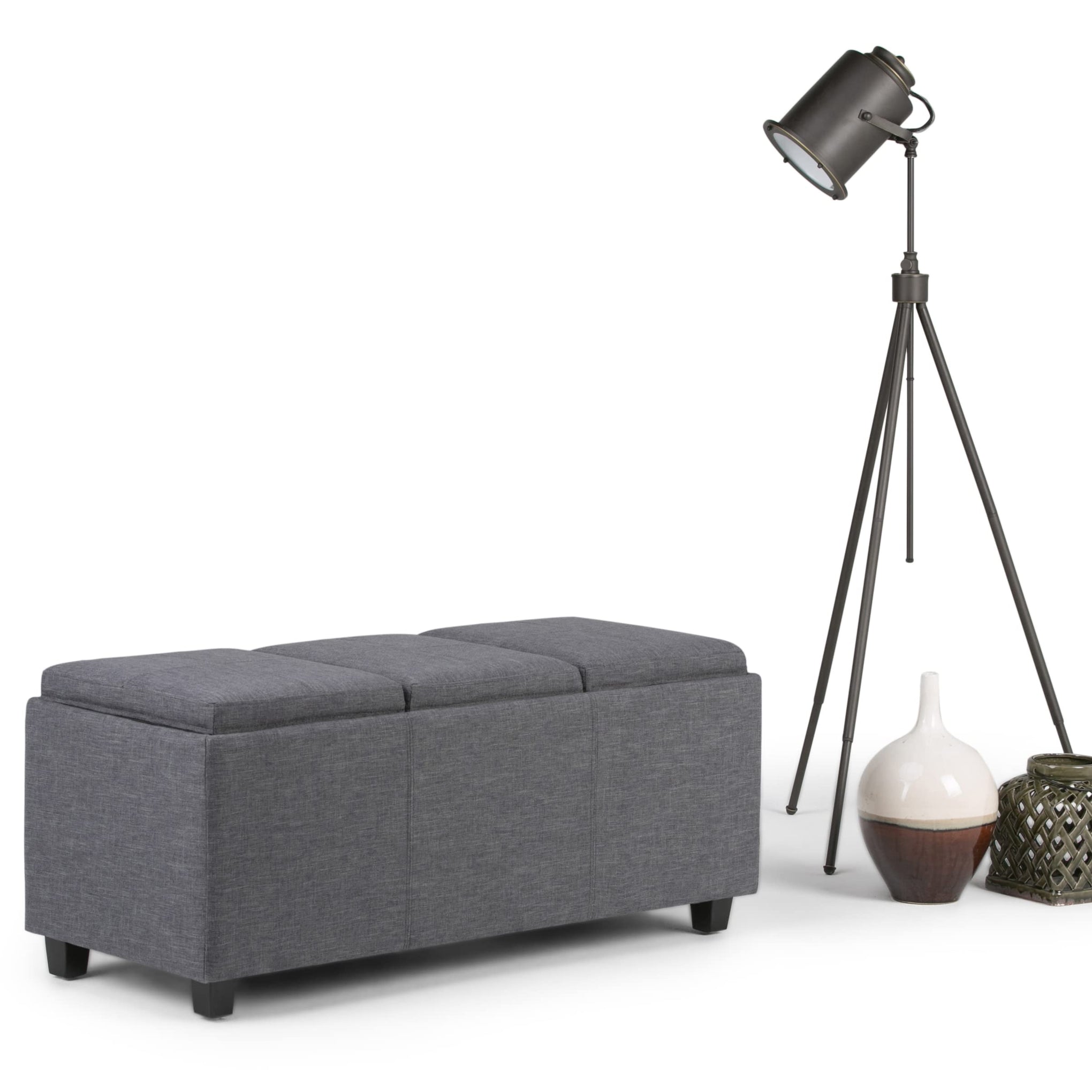 Avalon 42" Wide Linen Look Fabric Storage Ottoman in Slate Grey