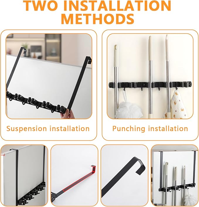 Broom Holder Over The Door with 2 Over Door Hooks Wall Mount Mop and Broom Holder Stainless Steel Mop Holder Utility Broom Gripper Drilling Free Mop Hanger for Home Bathroom Kitchen Garden