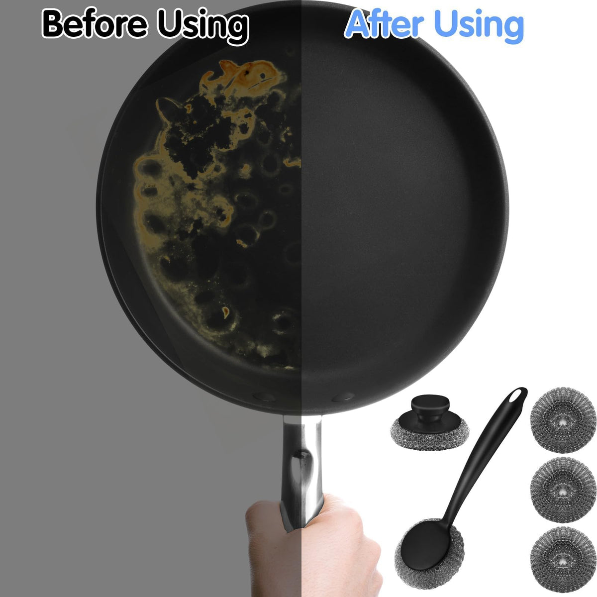Scrubber with Handle Comes with Three Replacement Balls Steel Wool