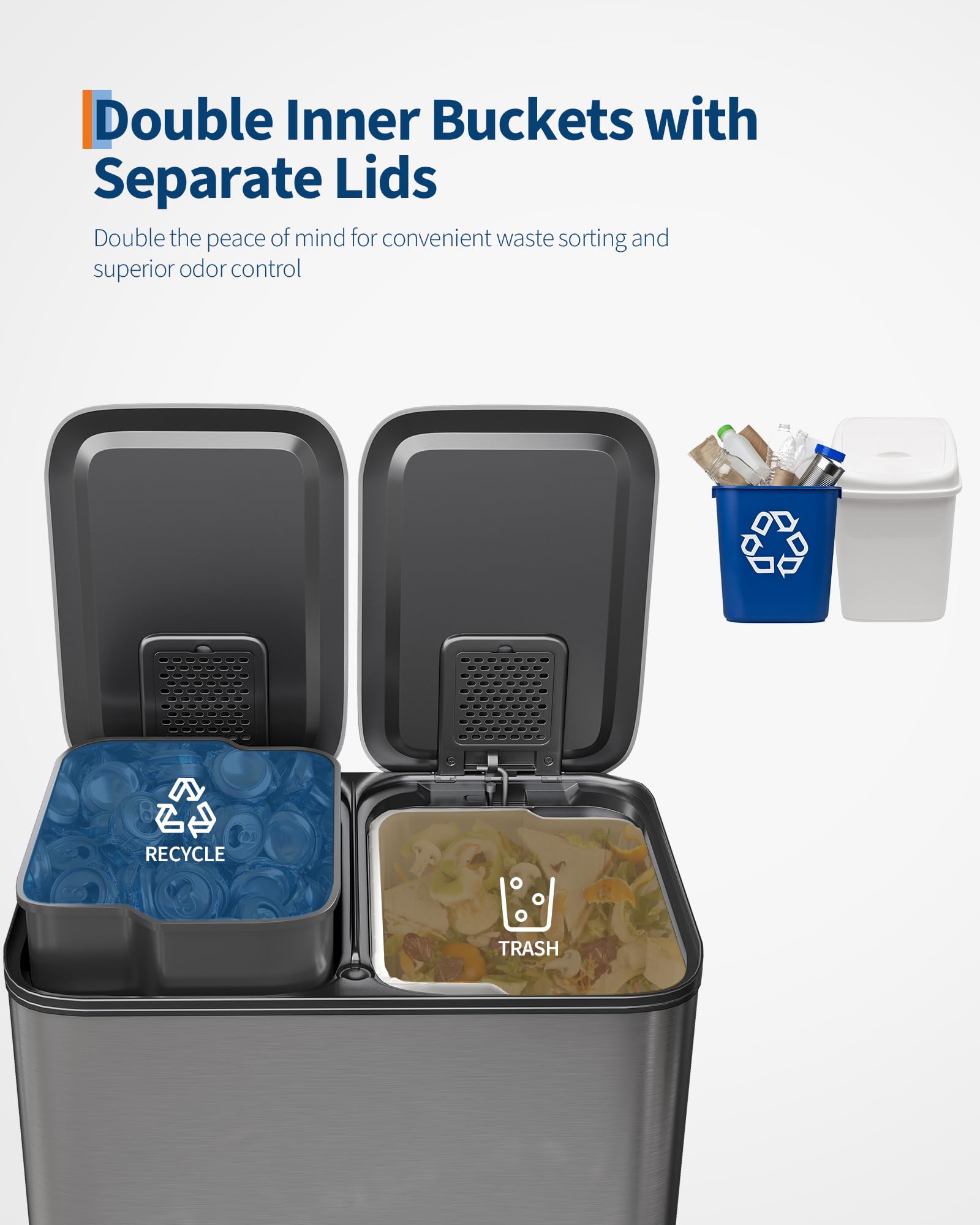 2 x 8 gal Stainless Steel Double Trash Can with Lid for Kitchen
