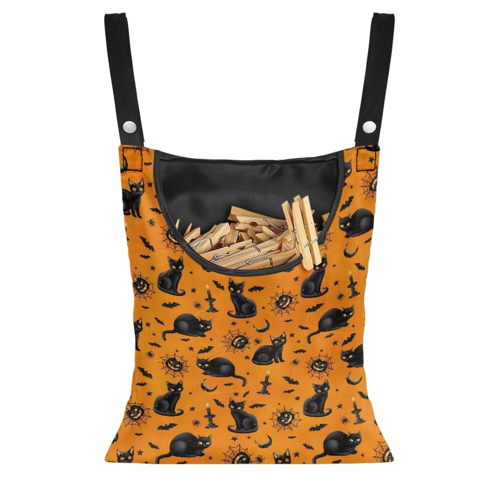 Black Cat Clothespin Bag Orange Clothespin Storage with Hanger Hook Canvas Clothespins Bag with Large Opening Space