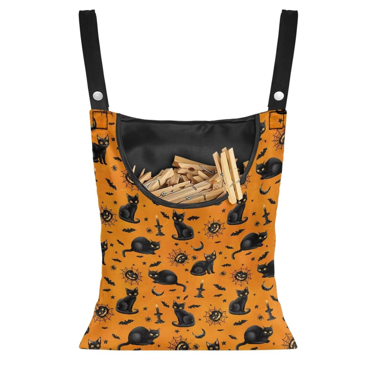 Black Cat Clothespin Bag Orange Clothespin Storage with Hanger Hook Canvas Clothespins Bag with Large Opening Space