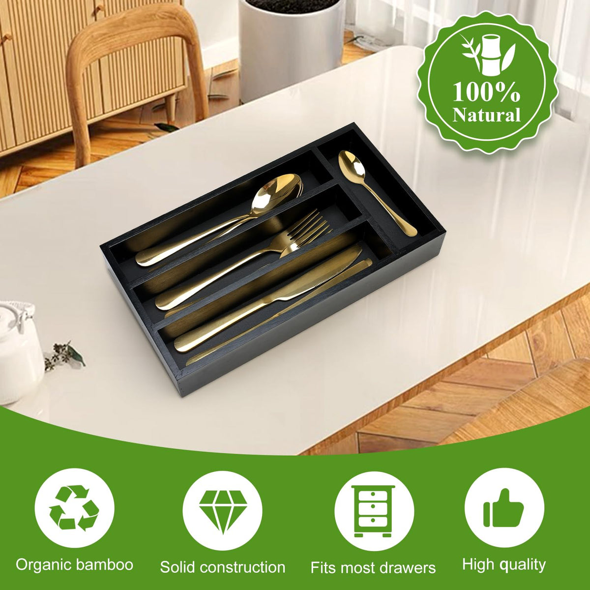 Small Black Wooden Silverware Tray Narrow Kitchen Drawer Utensil Organizer