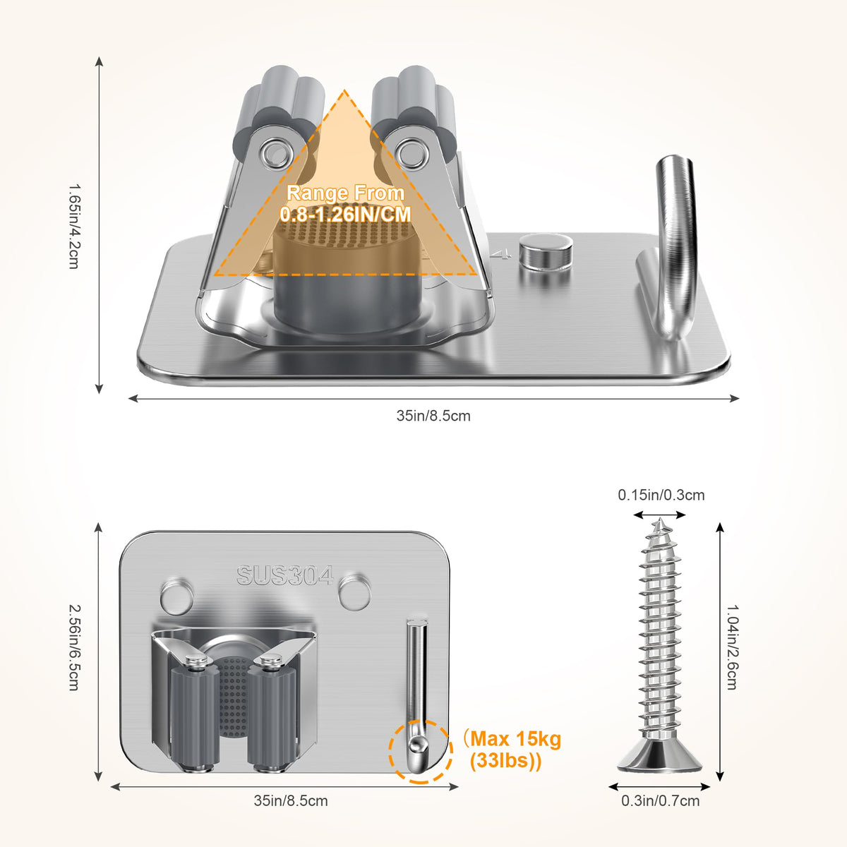 4 Pack Stainless Steel Heavy Duty Broom Holder Wall Mount with Hook (4 Count)