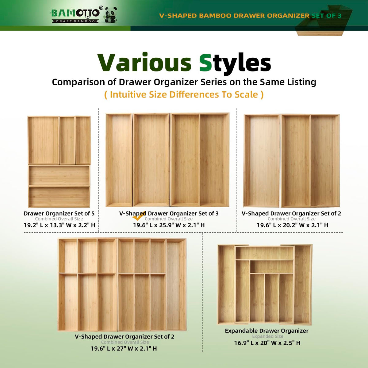 Large Long V Shaped Bamboo Drawer Organizer Set of 3 (78.4 Ounce)