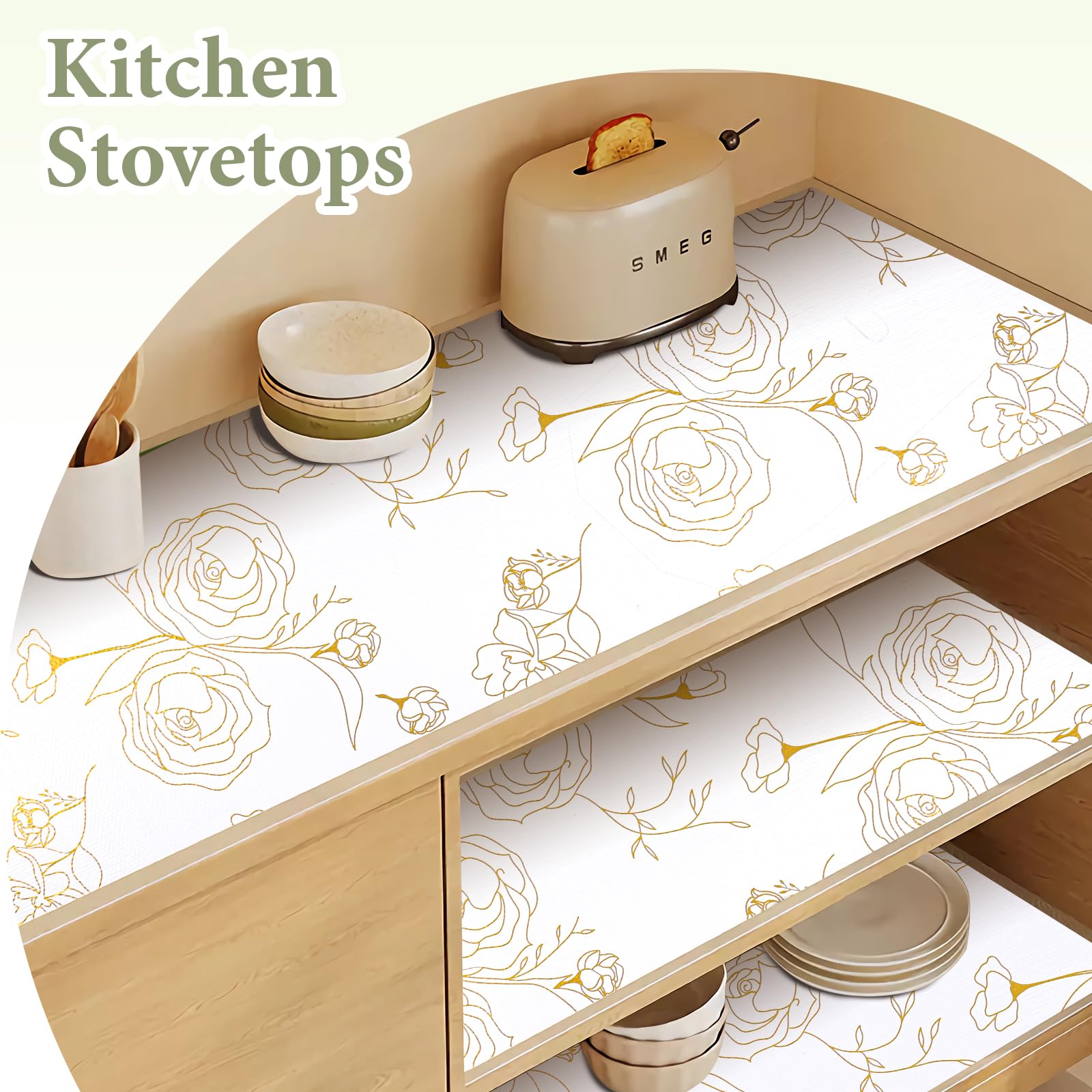 Shelf Liners for Kitchen Cabinets 17.5in x 20FT Non Adhesive Drawer Liner Gold Floral Thickened Shelf Liner Paper Strong Non