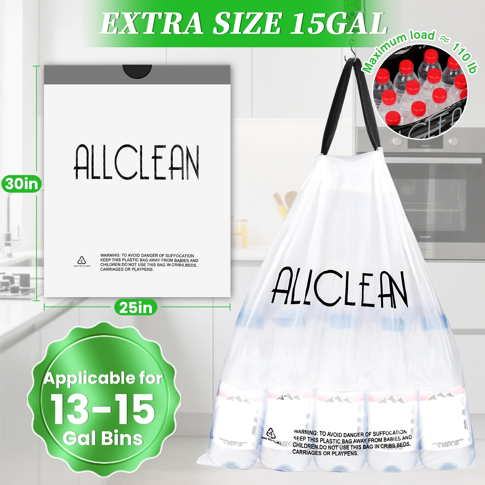 Trash Bags 15 Gallon Tall Kitchen Drawstring Garbage Bag Fit 13 (30 Count)