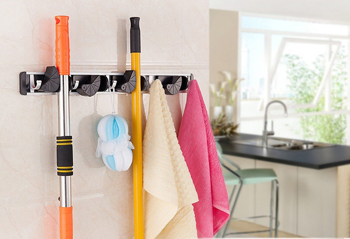 Wall Mount Broom Clamp Holder 4 Positions Grip Organizer & 5 Hooks Rack Home Kitchen Garage Mop tools Storage Organization System