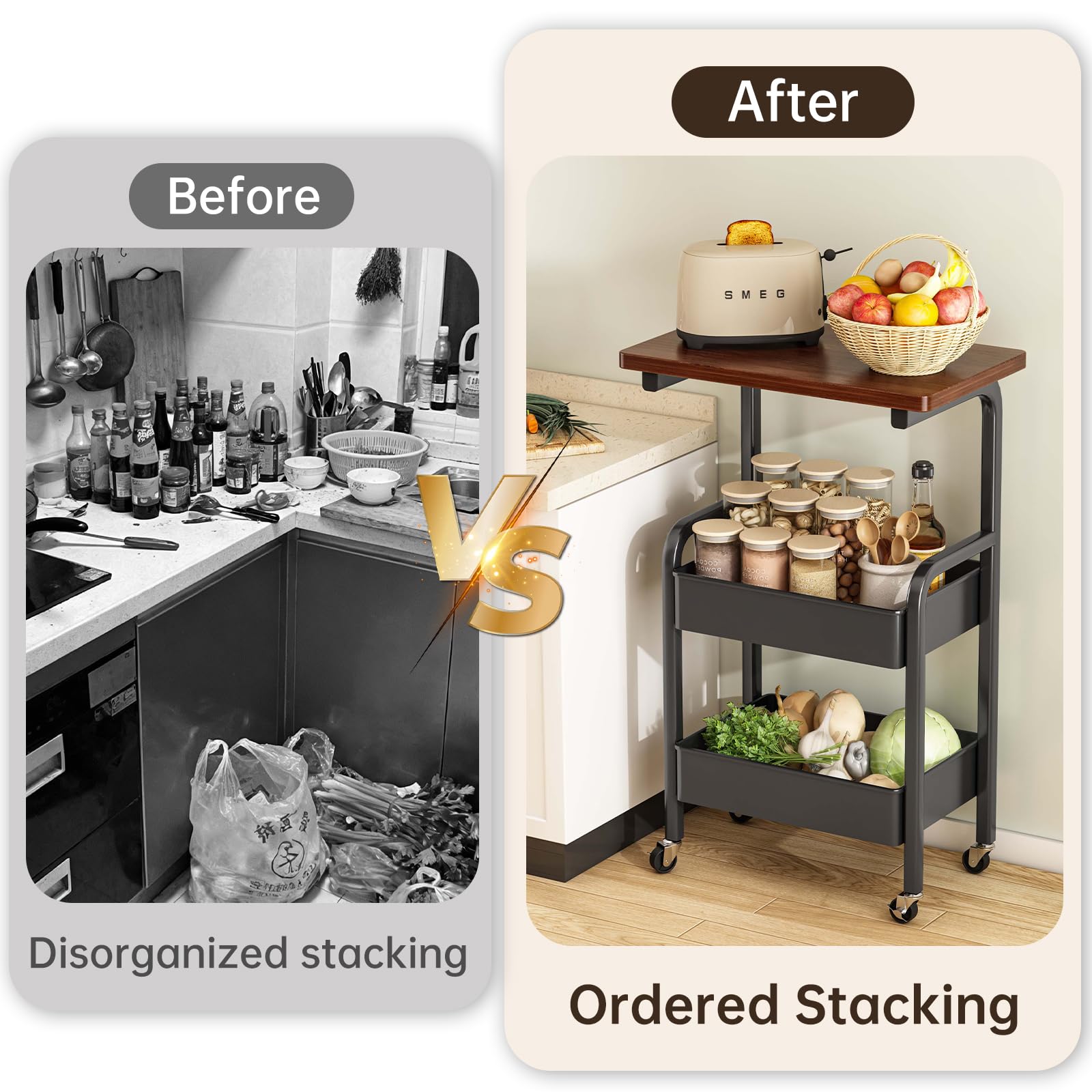 3 Tier Metal Rolling Utility Cart Organizer with Walnut Table Top