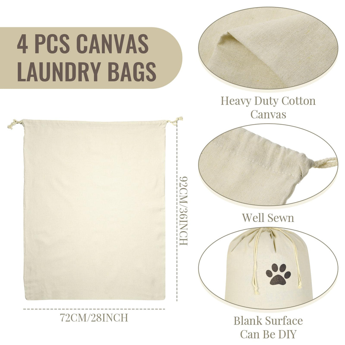 4 Pcs 28" x 36" Canvas Laundry Bags Bulk Large Cotton Laundry with Drawstring Heavy Duty Hamper Liner Washable Dirty Clothes for home College Sports Dorms Travel (4 Count)