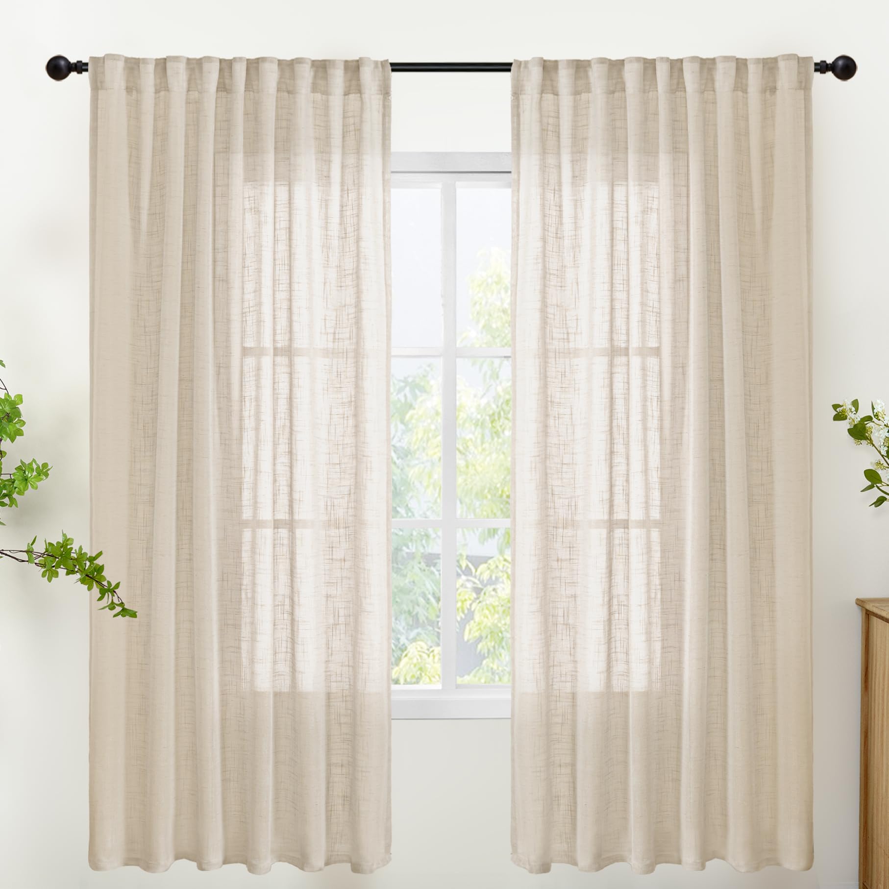 Oatmeal Linen Semi Sheer Curtains 72 Inches Long for Living Room (2 Count)