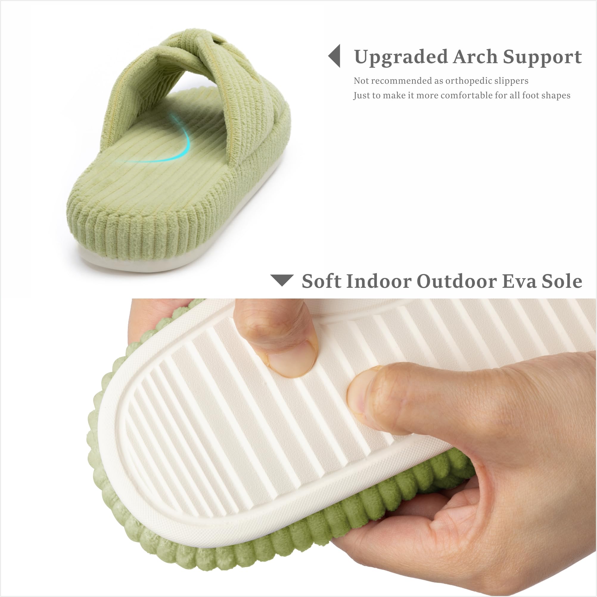 Slippers for Women Memory Foam House Bedroom Corduroy Bow Crossbands Slipper Shoes Comfy Trendy Gift Slippers Avocado Green Size 7 8 6.5