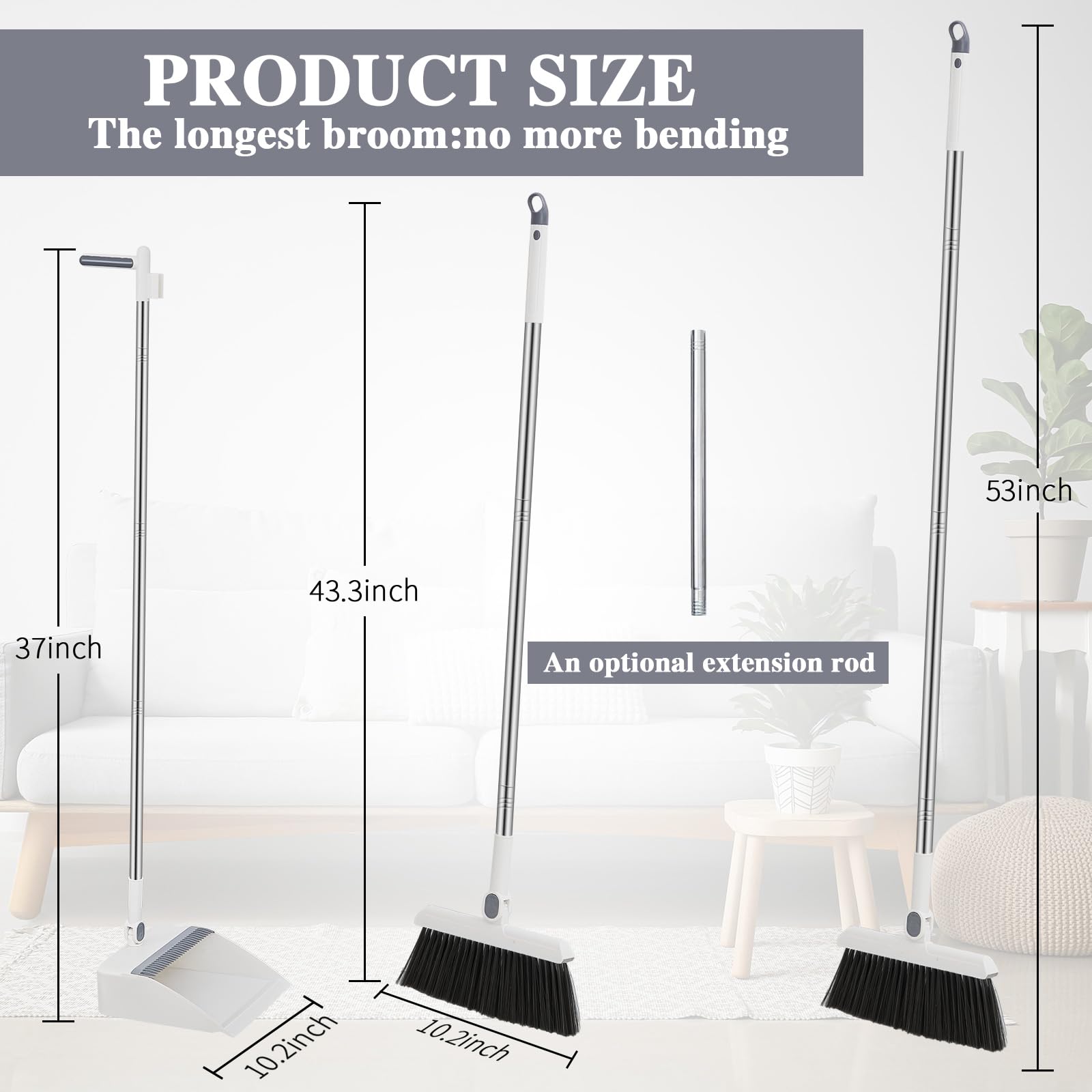 4 Set 8 Pcs Broom and Dustpan Set 47 Inch Long Handle Brooms for Sweeping Indoor Household Dustpans for Indoor Outdoor Kitchen Floor