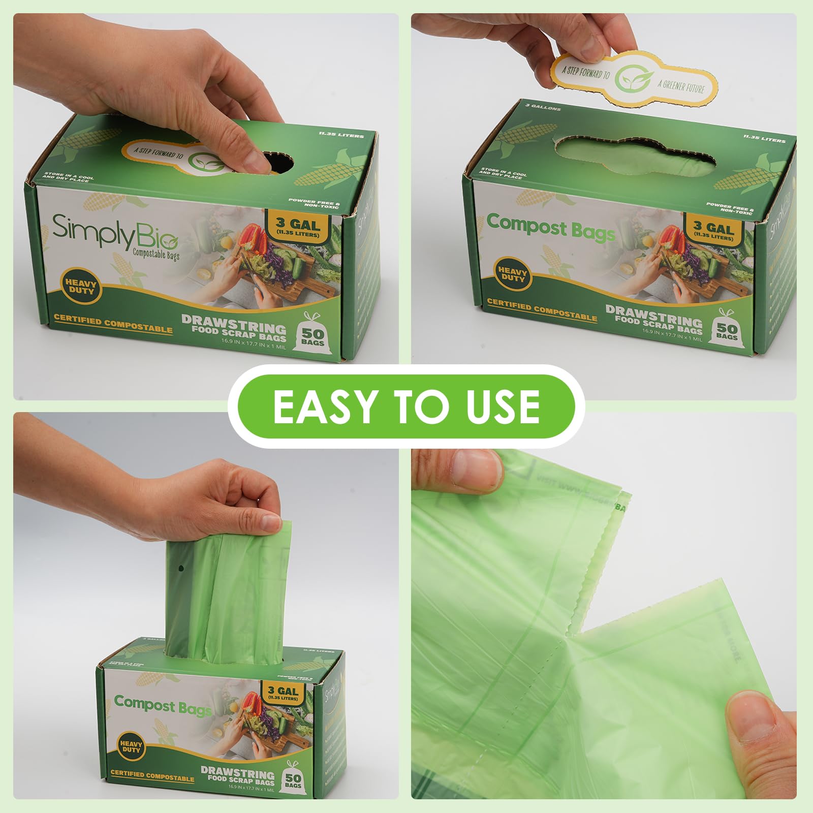 3 Gallon Compostable Trash Bags with Drawstring (50 Count)