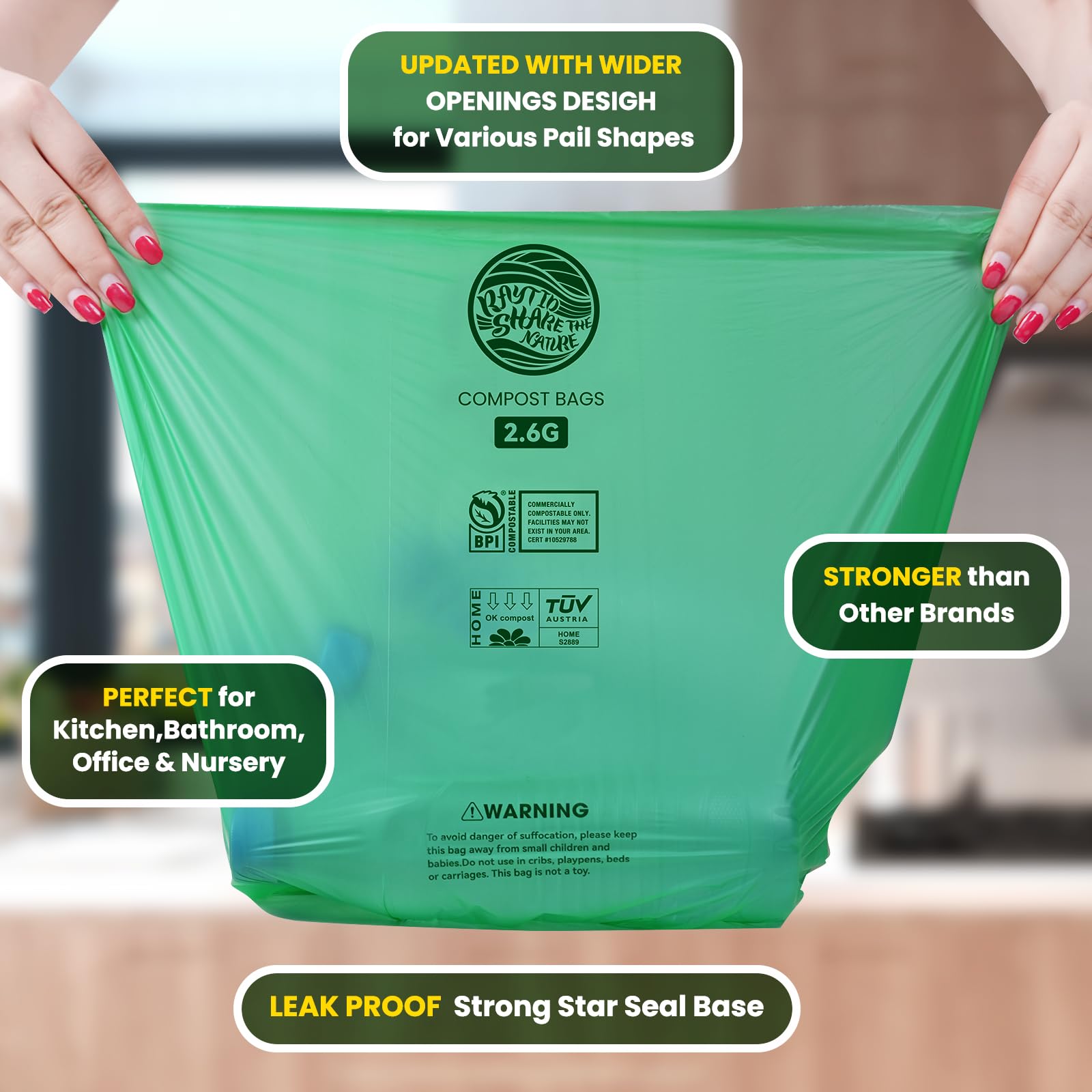 Compostable trash Bags 2.6 Gallon Compost Bags for Kitchen Countertop Bin 1.3 (120 Count)