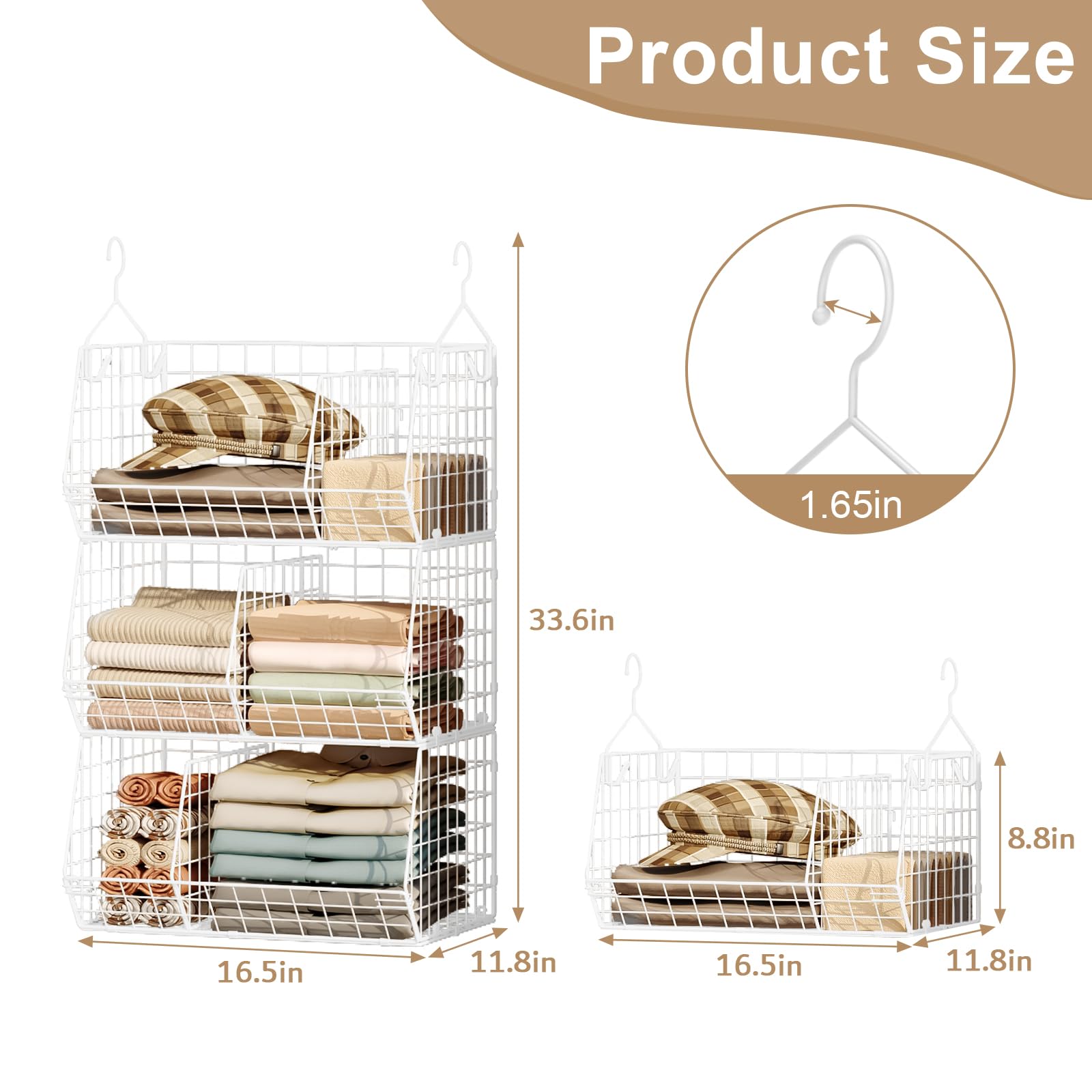3 Tier Extra Large Closet Hanging Shelves with Divider (3 Count)
