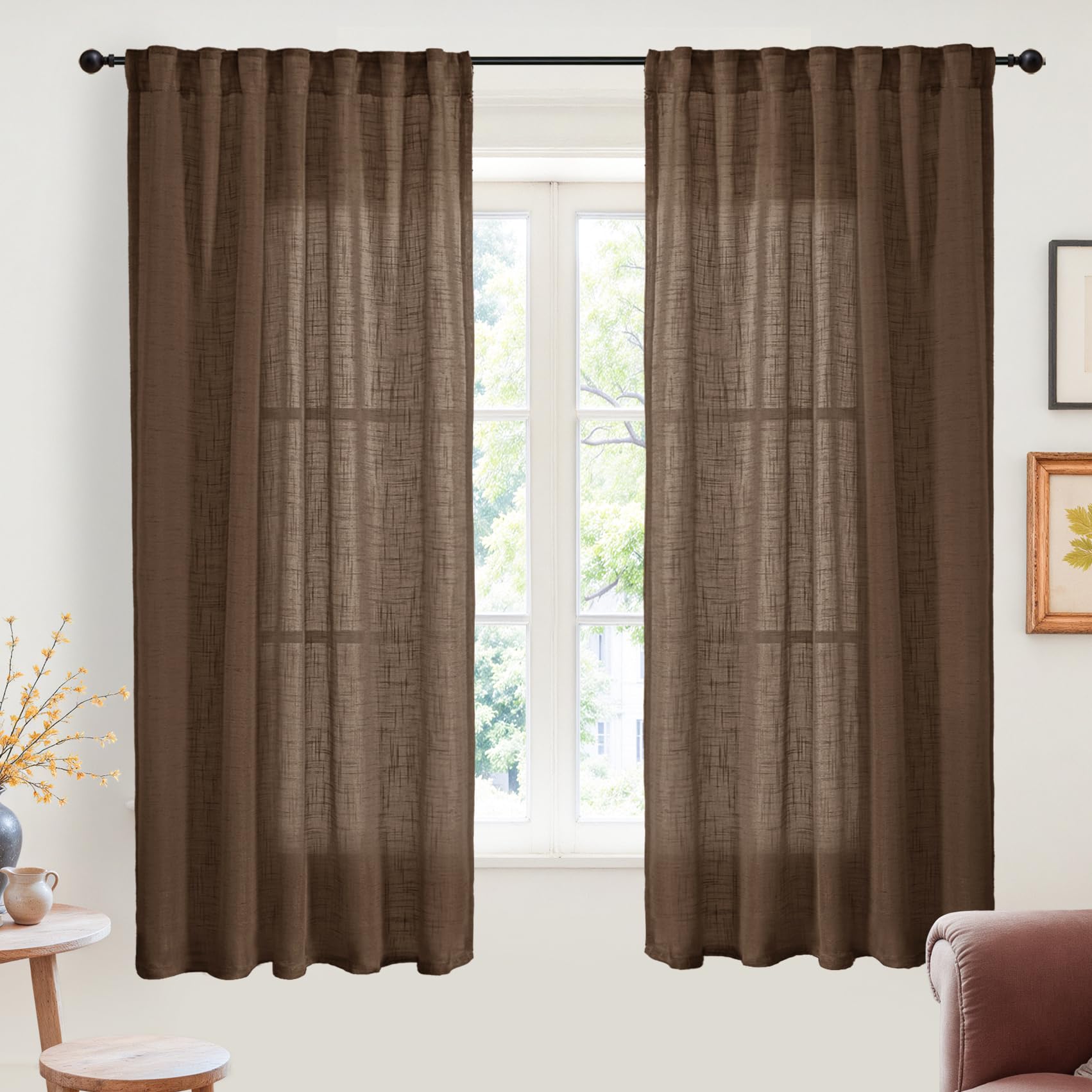 Linen Semi Sheer Curtains 63 Inch Length for Living Room Window (2 Count)