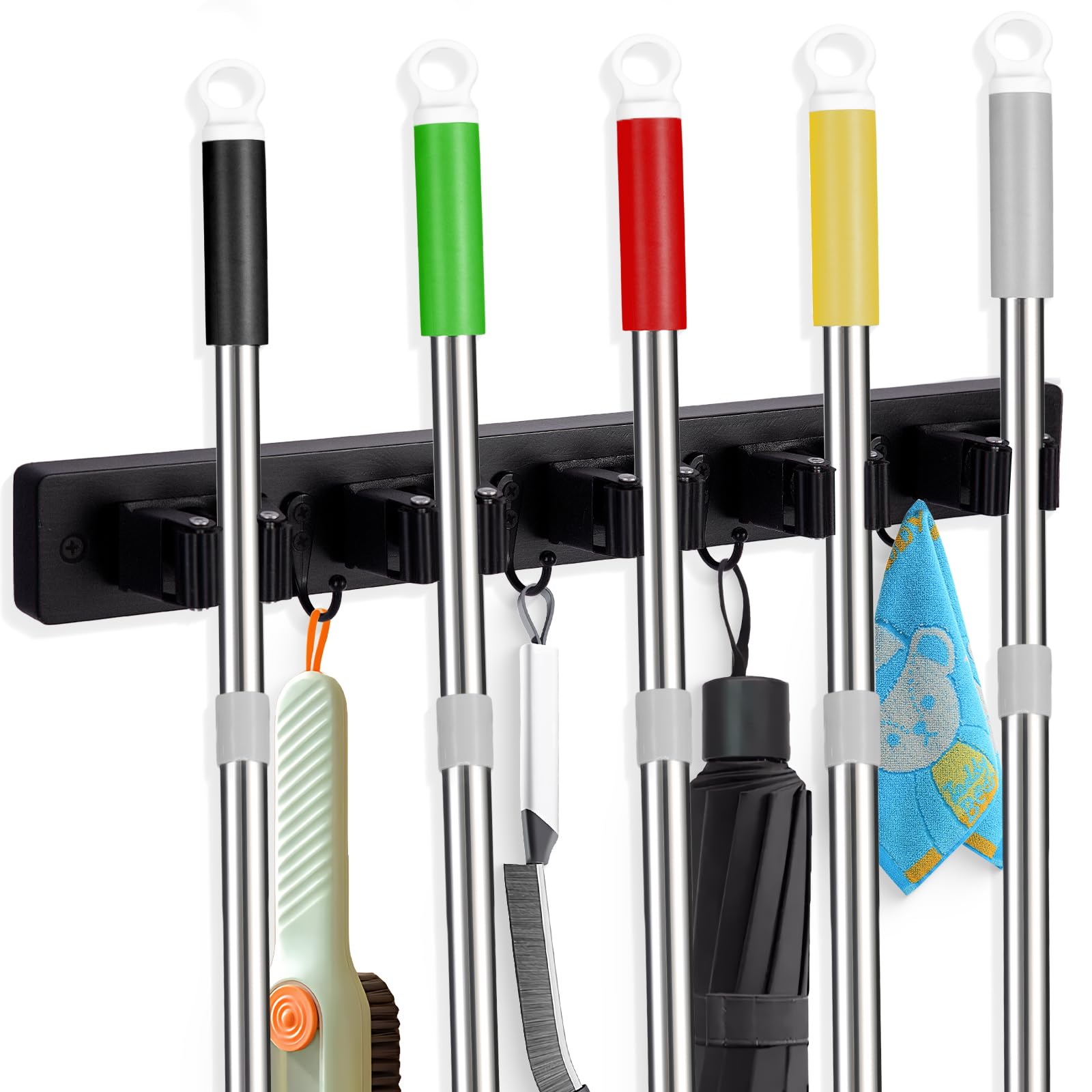 Broom Holder Wall Mount With 5 Slots & 4 Hooks
