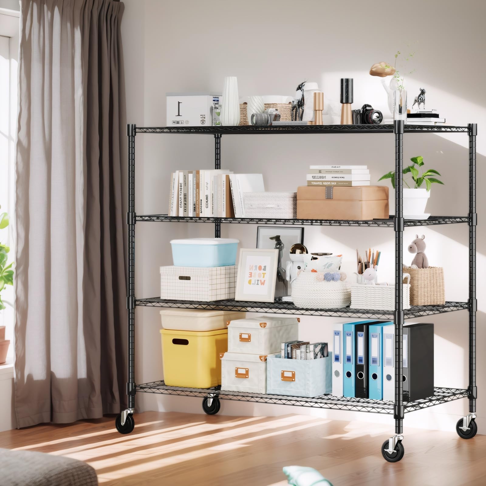 4 Tier Wire Shelving with Wheels Heavy Duty Height Adjustable Metal Shelves for Storage