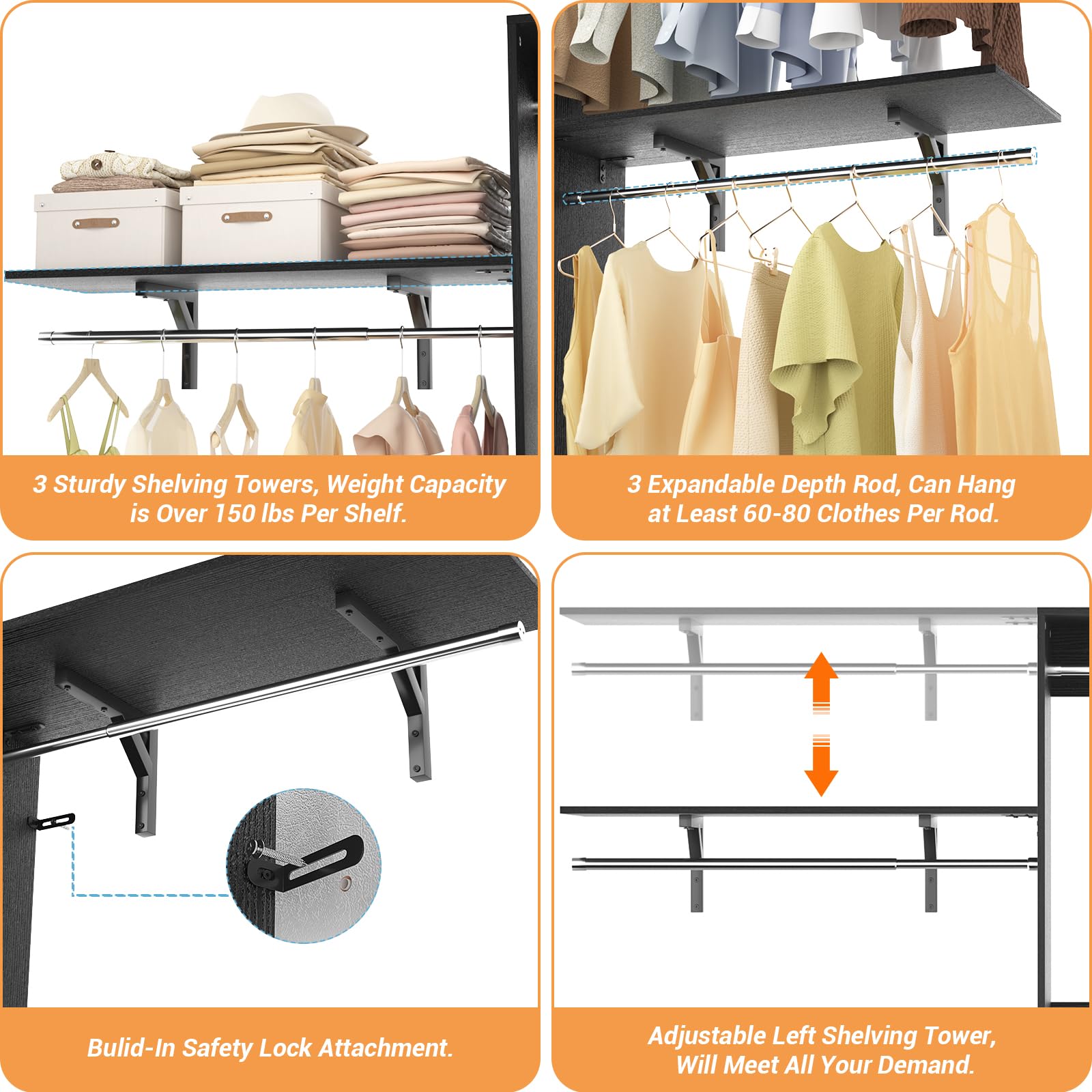 8FT Closet System with 3 Wooden Storage Shelves