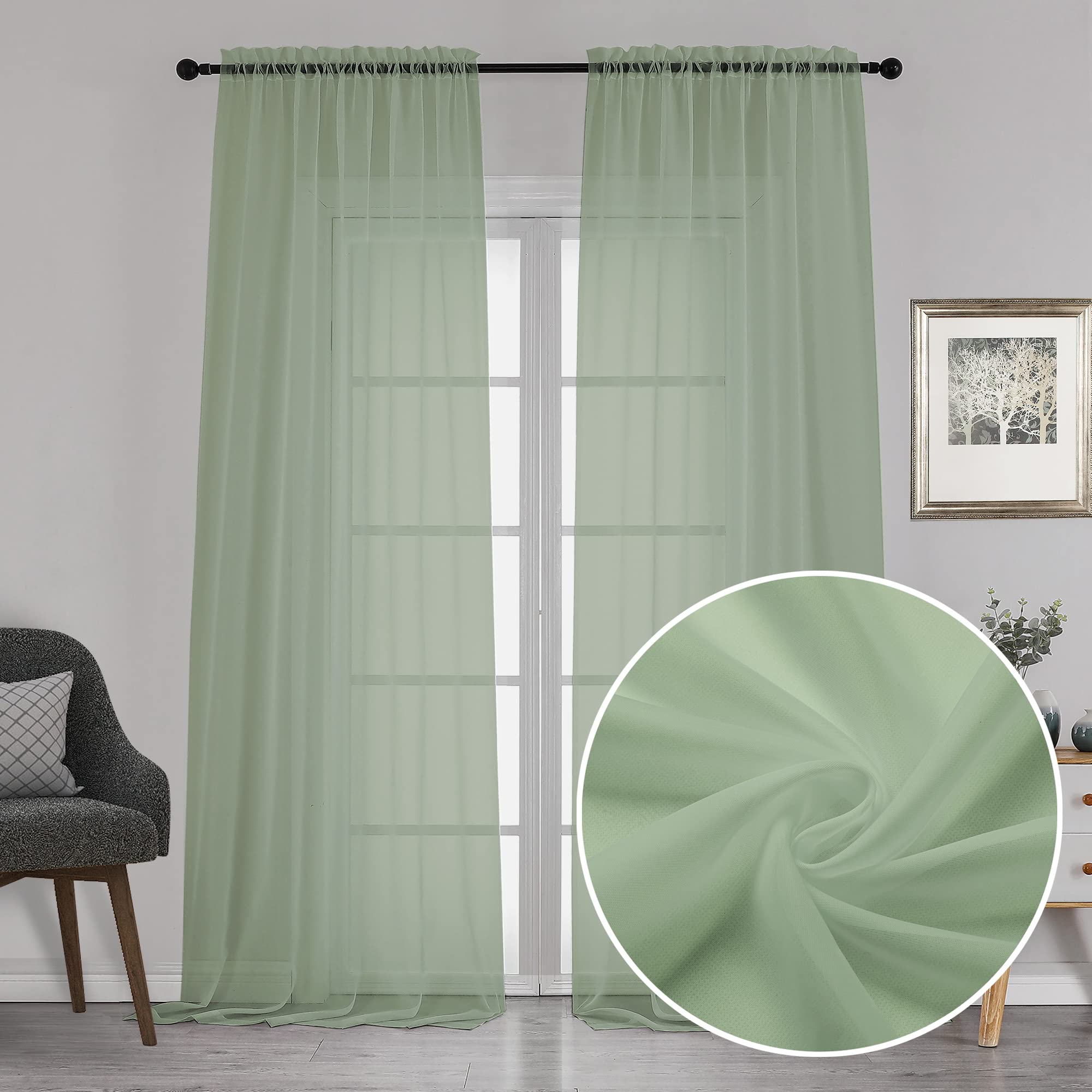 Extra Long Sage Green Voile Sheer Curtains 120 Inches Long 2 Pack